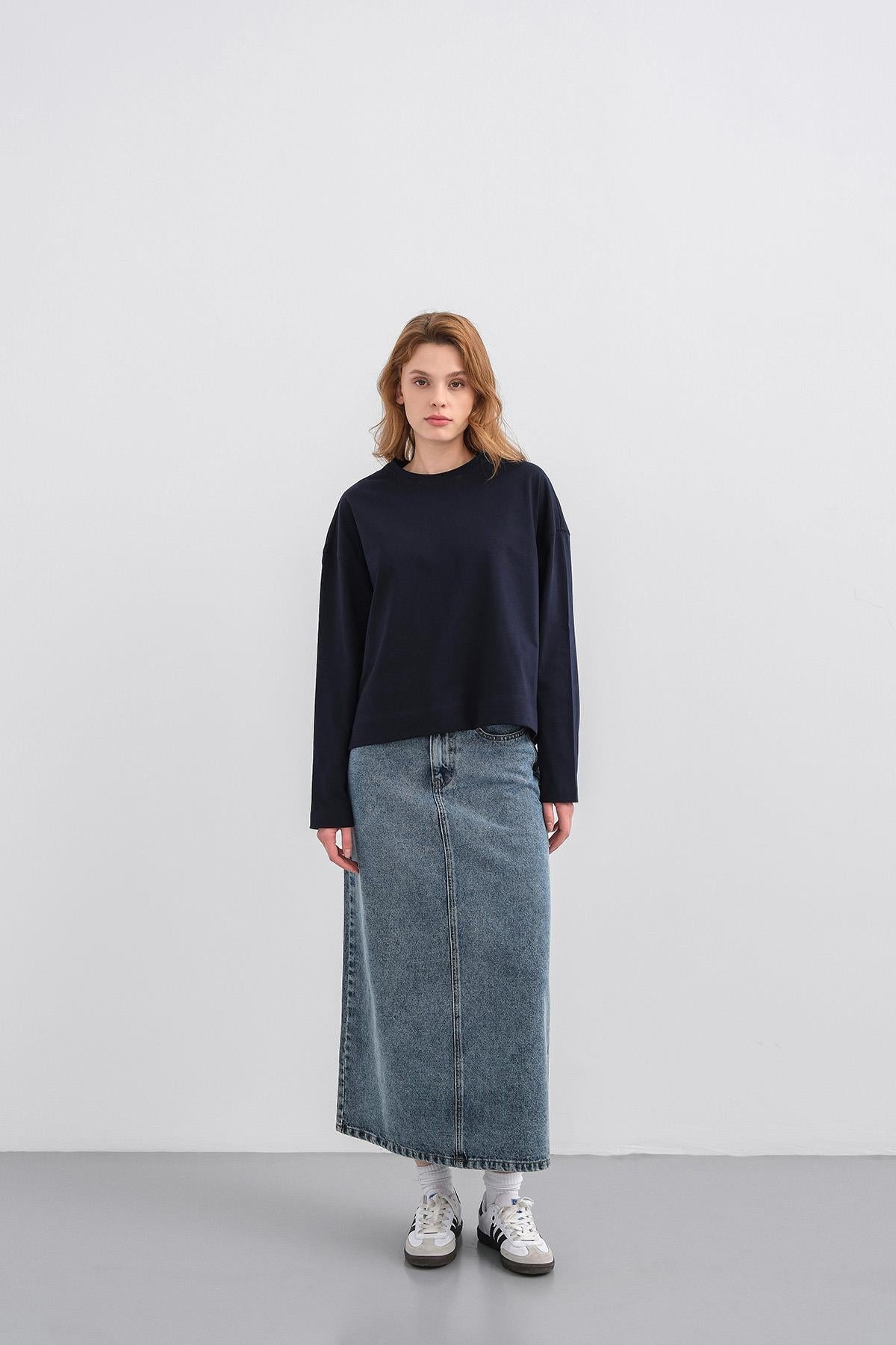 Lacivert Kadın Bisiklet Yaka Etek Yırtmaçlı %100 Pamuk Oversize Basic Sweatshirt