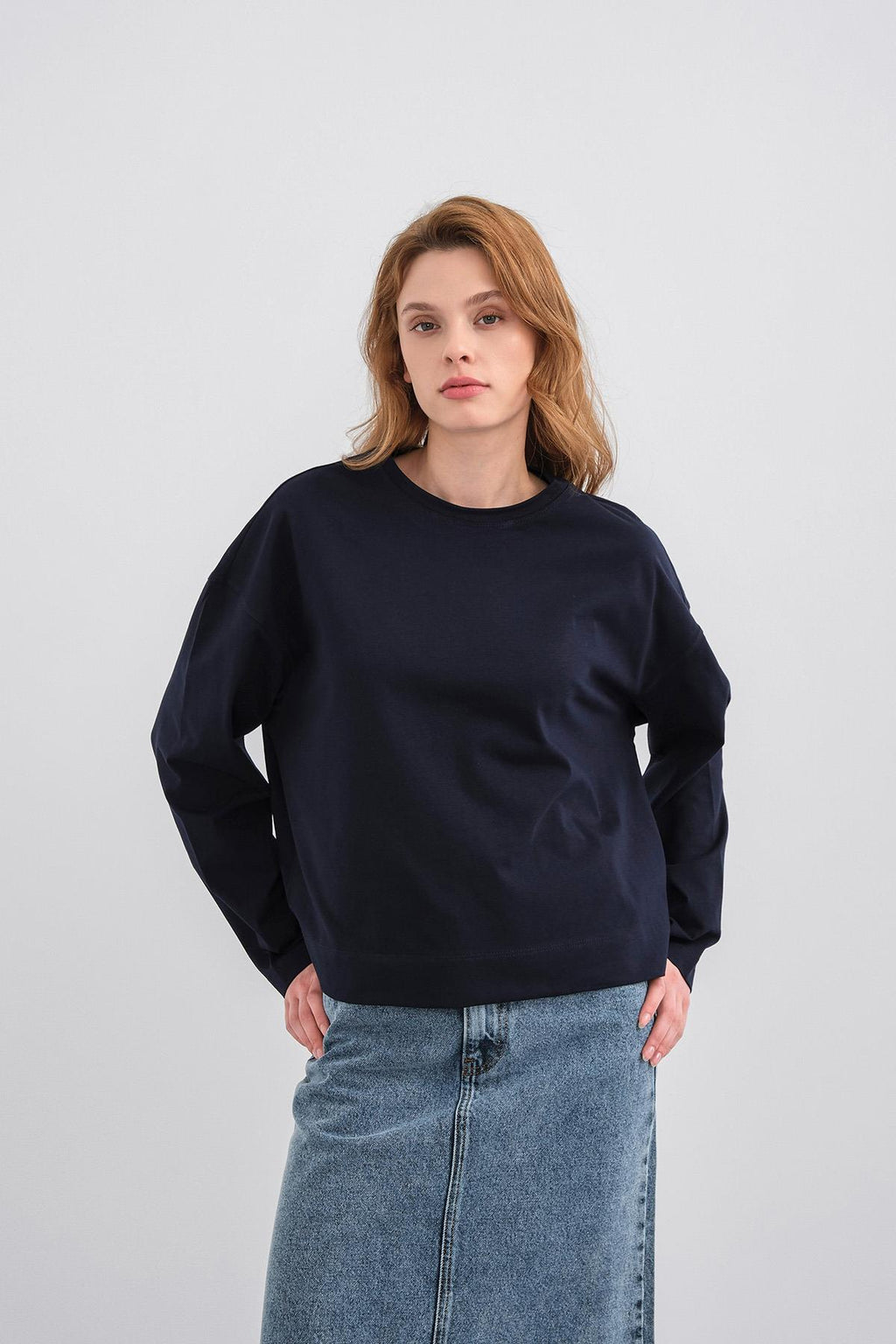 Lacivert Kadın Bisiklet Yaka Etek Yırtmaçlı %100 Pamuk Oversize Basic Sweatshirt