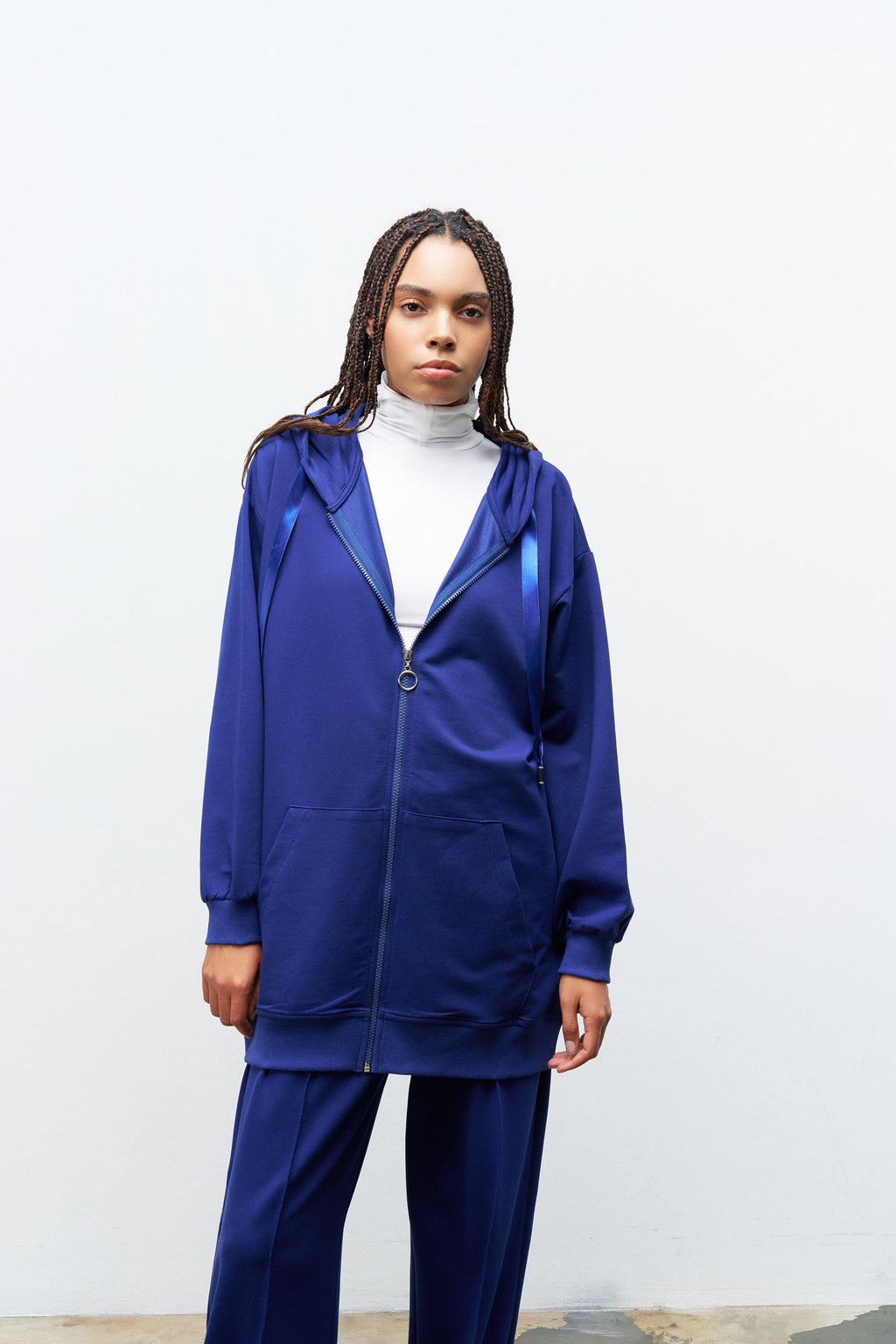 Lacivert Kadın Cep Detaylı Fermuar Kapamalı Kapüşonlu Alt Üst Pamuklu Örme Takım