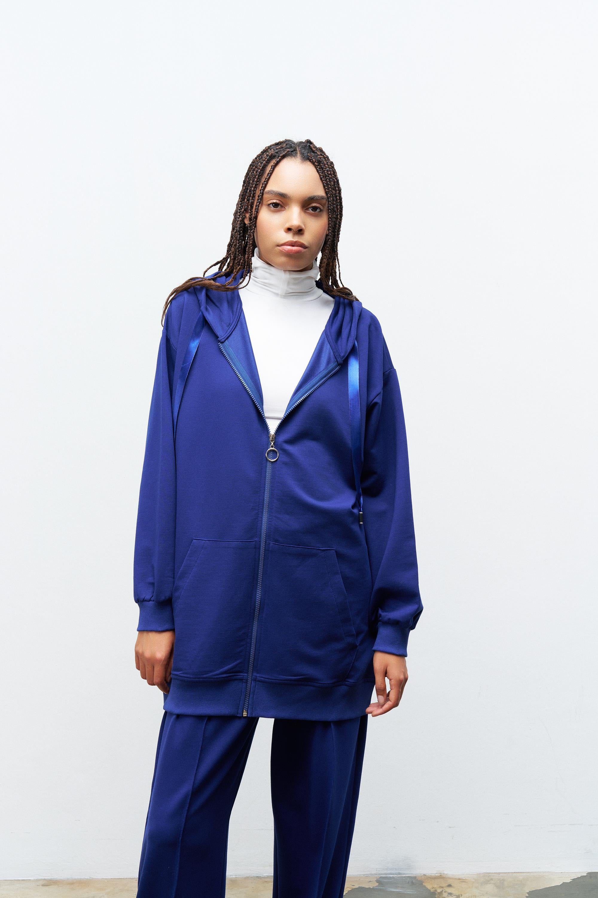 Lacivert Kadın Cep Detaylı Fermuar Kapamalı Kapüşonlu Alt Üst Pamuklu Örme Takım