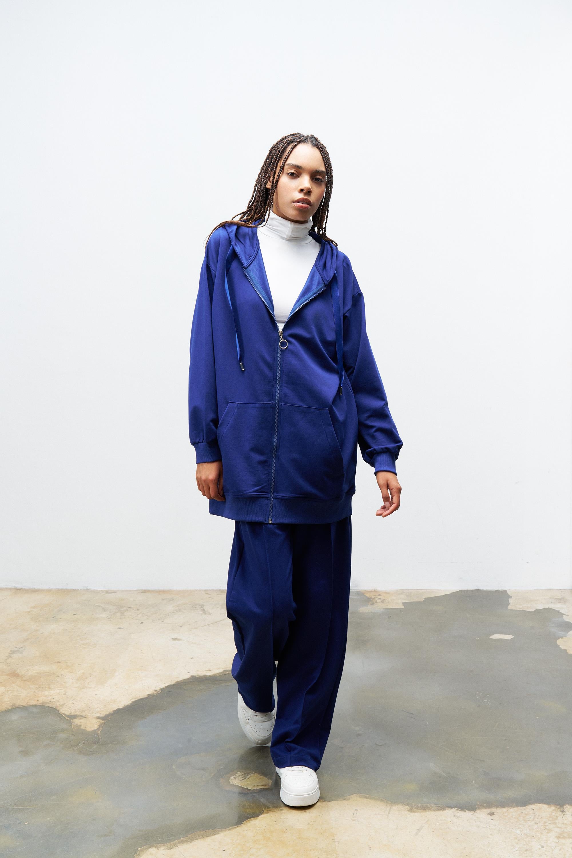 Lacivert Kadın Cep Detaylı Fermuar Kapamalı Kapüşonlu Alt Üst Pamuklu Örme Takım