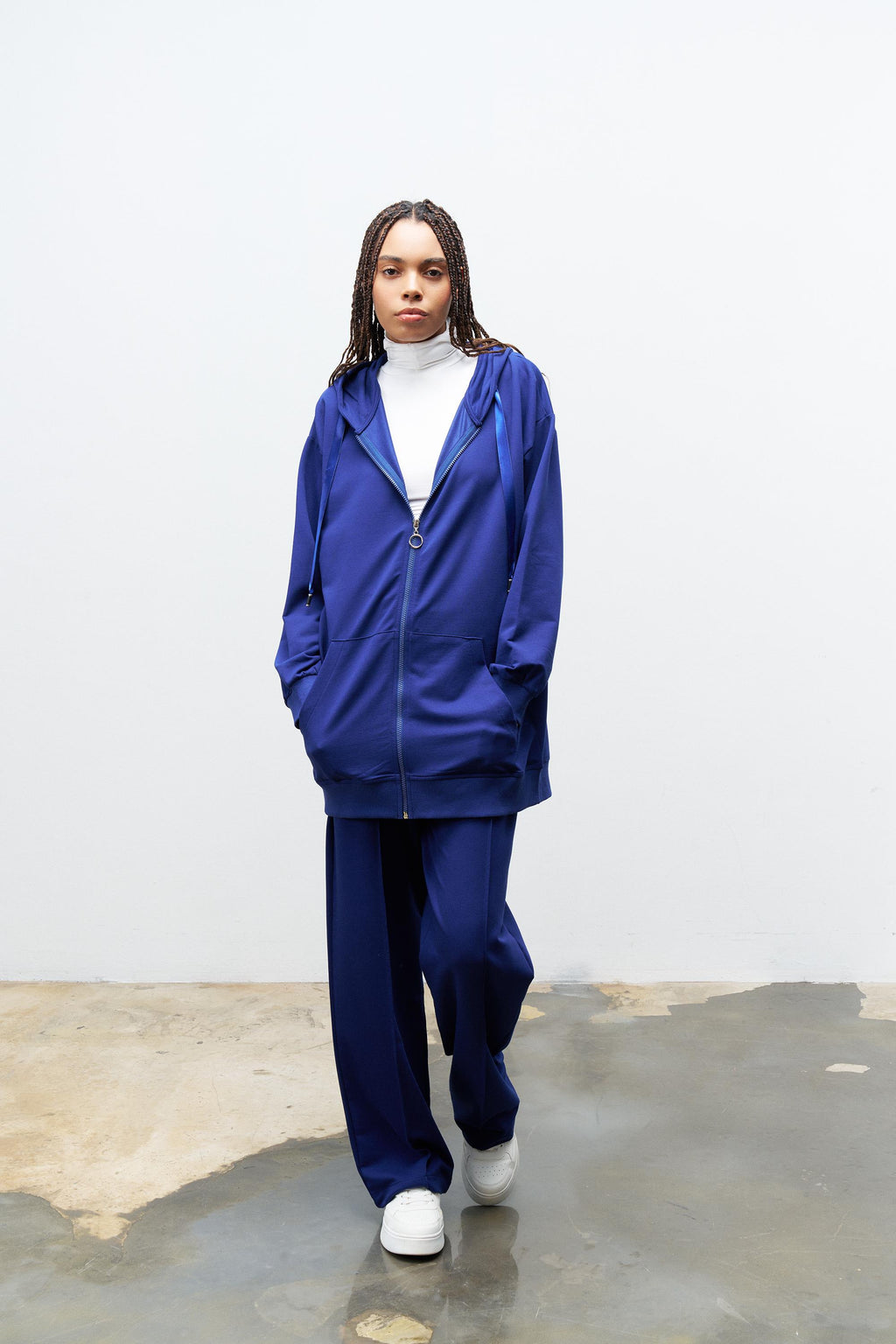 Lacivert Kadın Cep Detaylı Fermuar Kapamalı Kapüşonlu Alt Üst Pamuklu Örme Takım