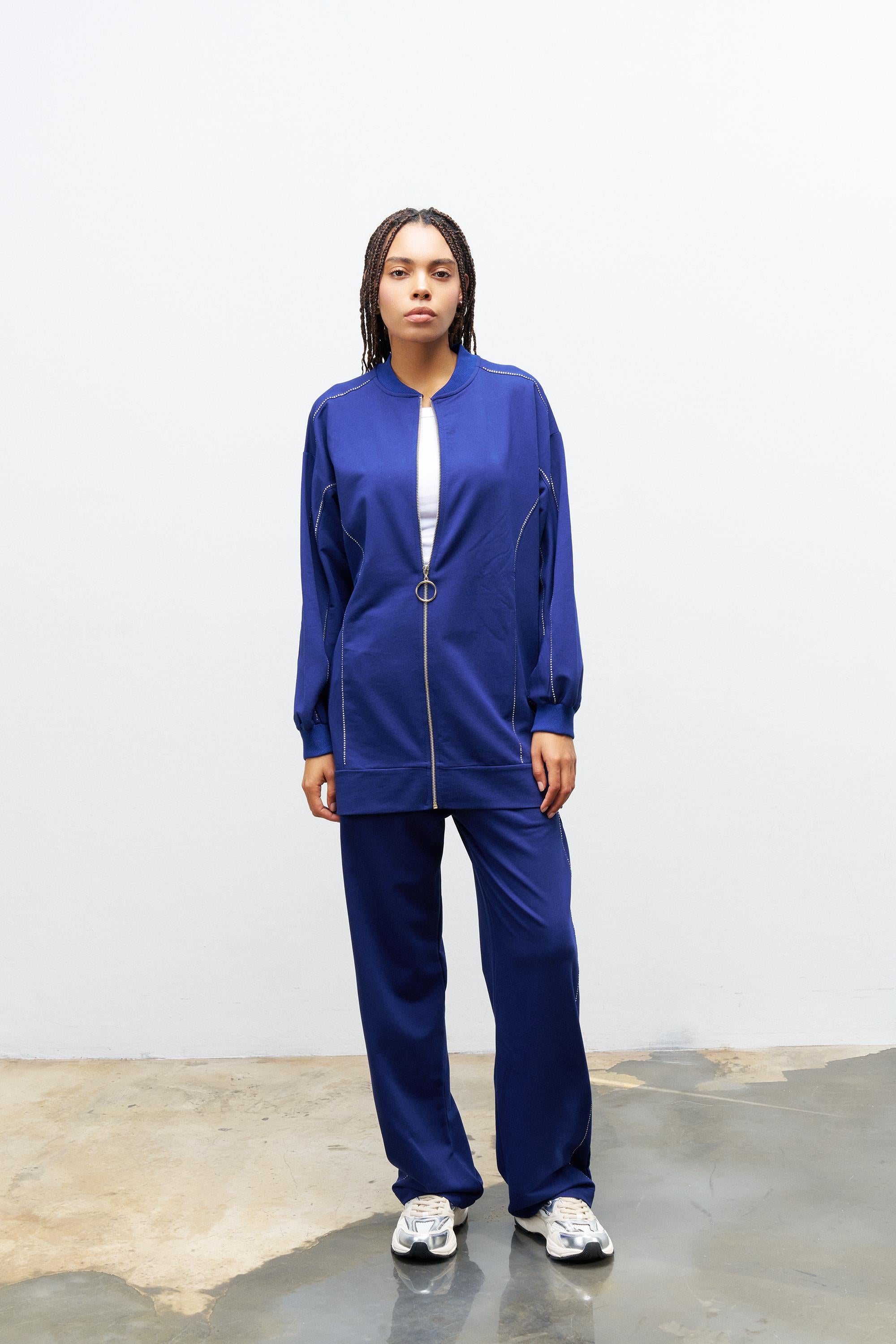 Lacivert Kadın Cep Detaylı Fermuar Kapamalı Kapüşonlu Alt Üst Pamuklu Örme Takım