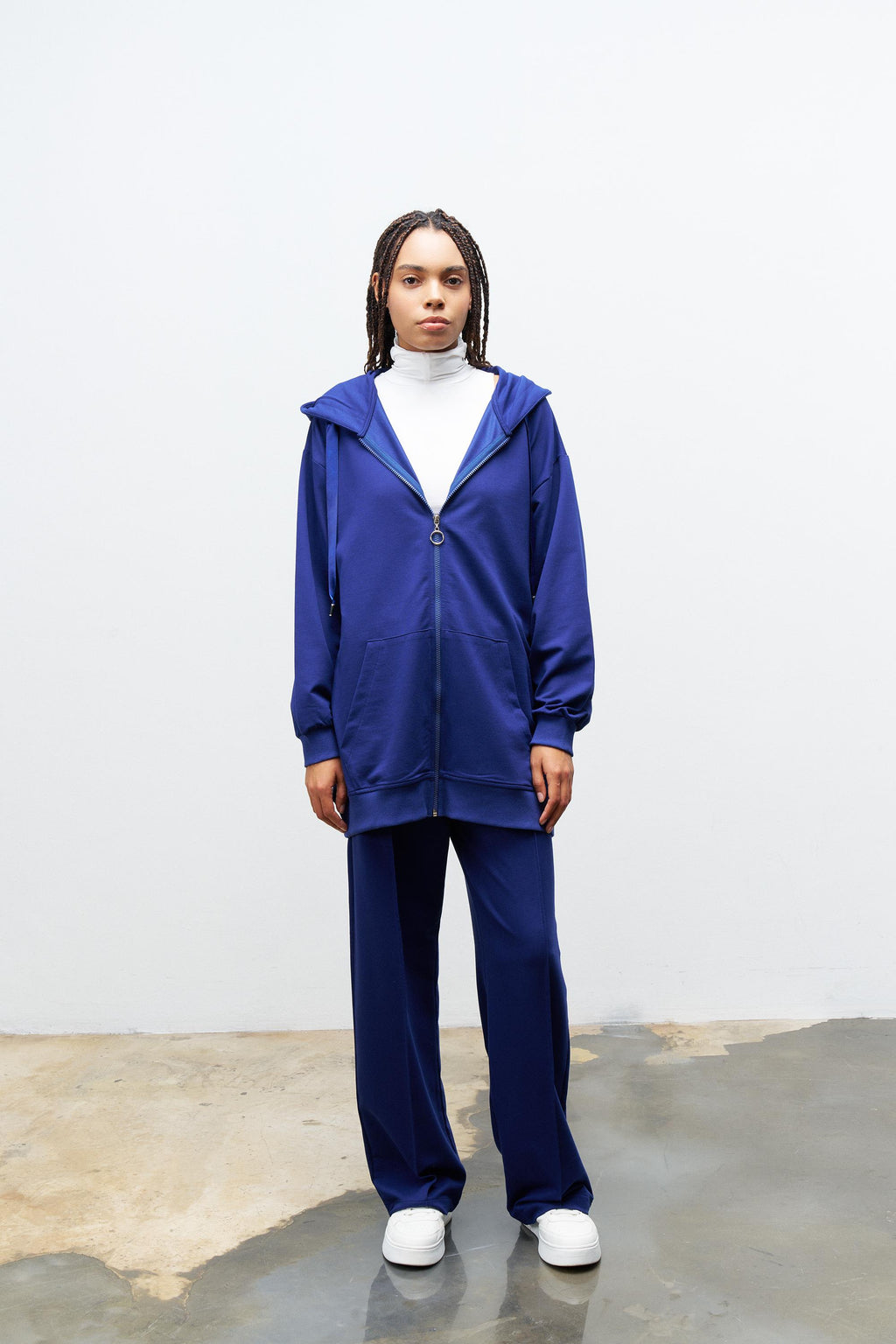 Lacivert Kadın Cep Detaylı Fermuar Kapamalı Kapüşonlu Alt Üst Pamuklu Örme Takım