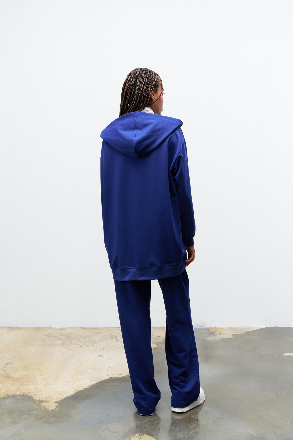 Lacivert Kadın Cep Detaylı Fermuar Kapamalı Kapüşonlu Alt Üst Pamuklu Örme Takım