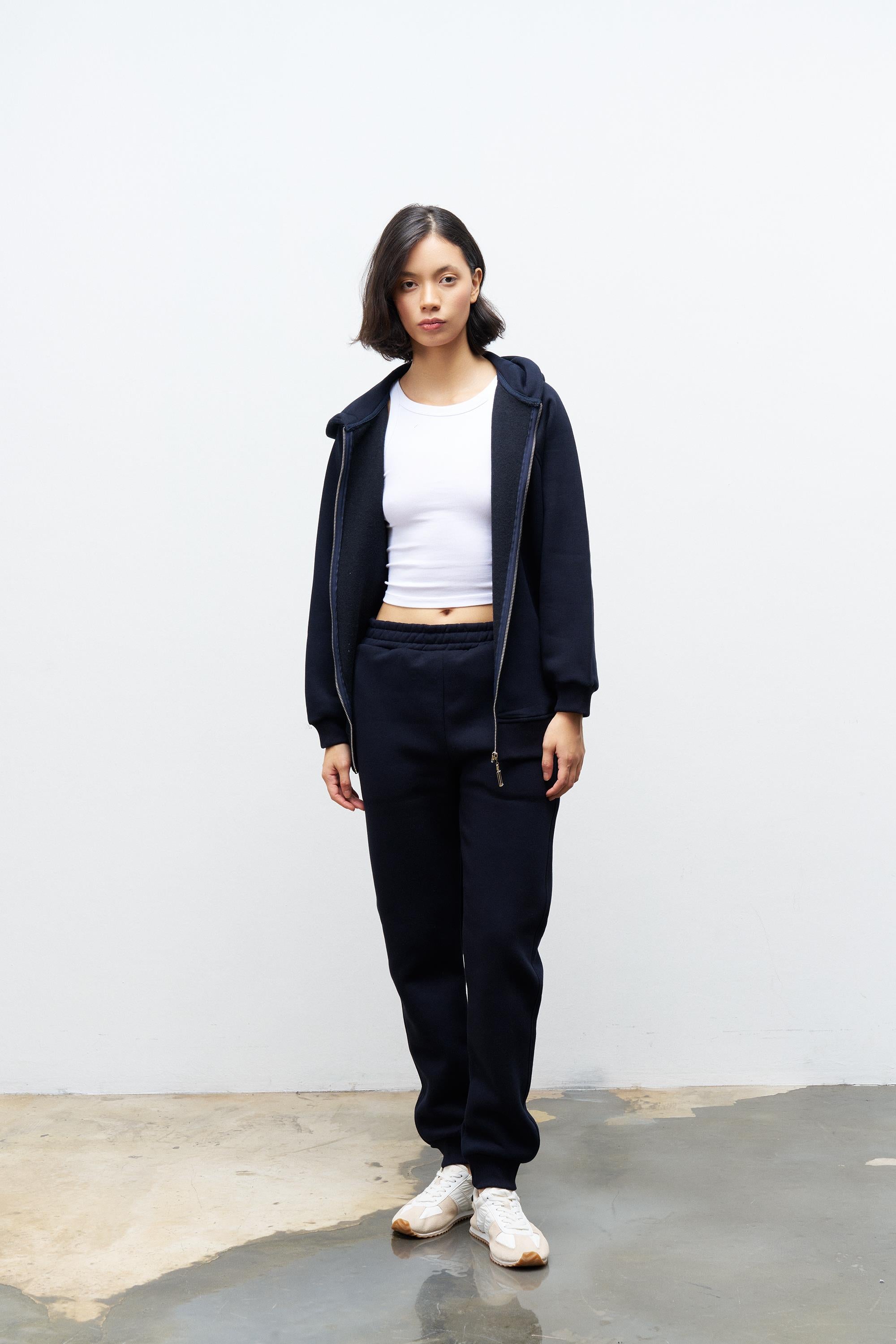 Lacivert Kadın Cep Etiket Detaylı  Kapüşonlu İçi Polarlı Alt Üst Takım