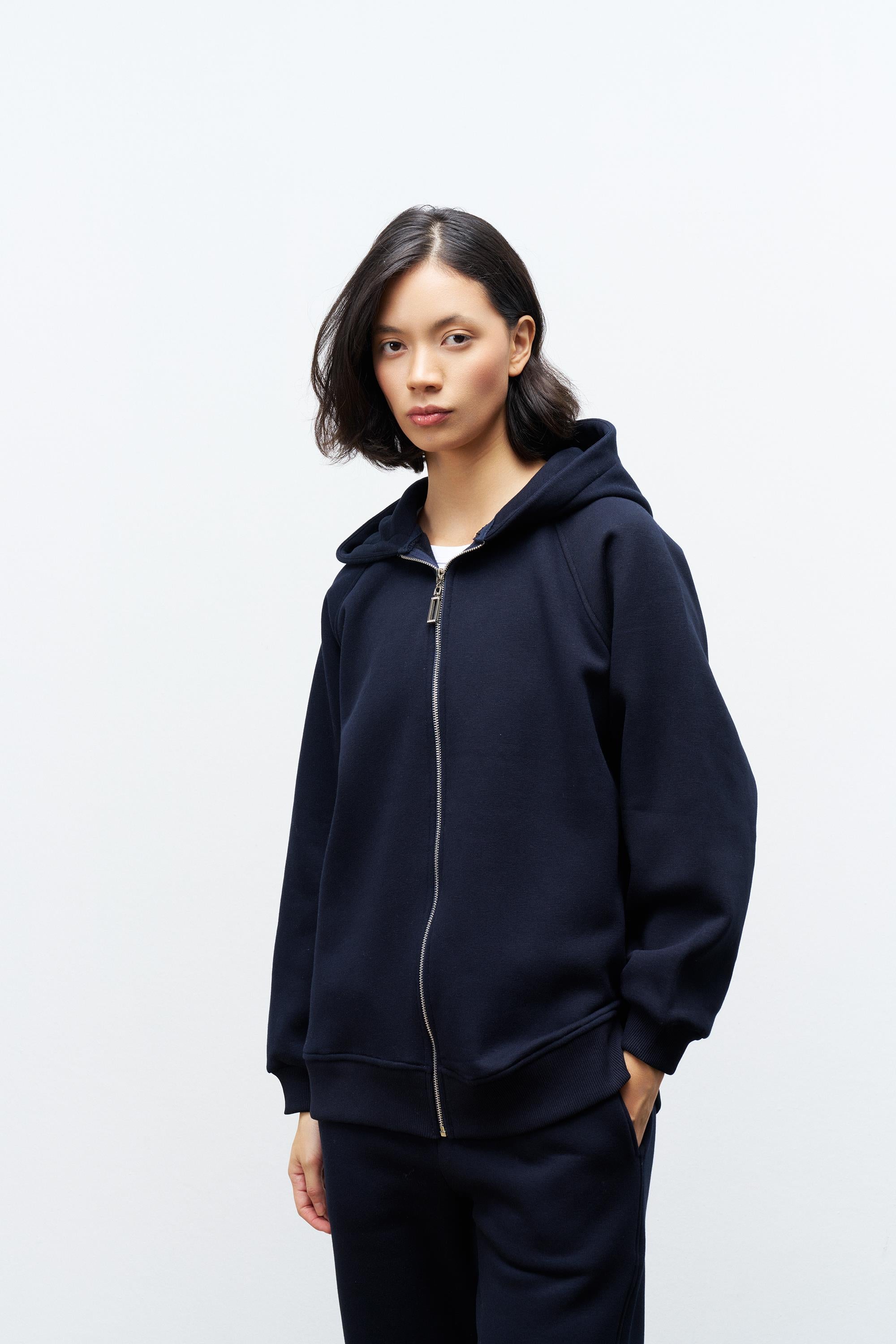 Lacivert Kadın Cep Etiket Detaylı  Kapüşonlu İçi Polarlı Alt Üst Takım