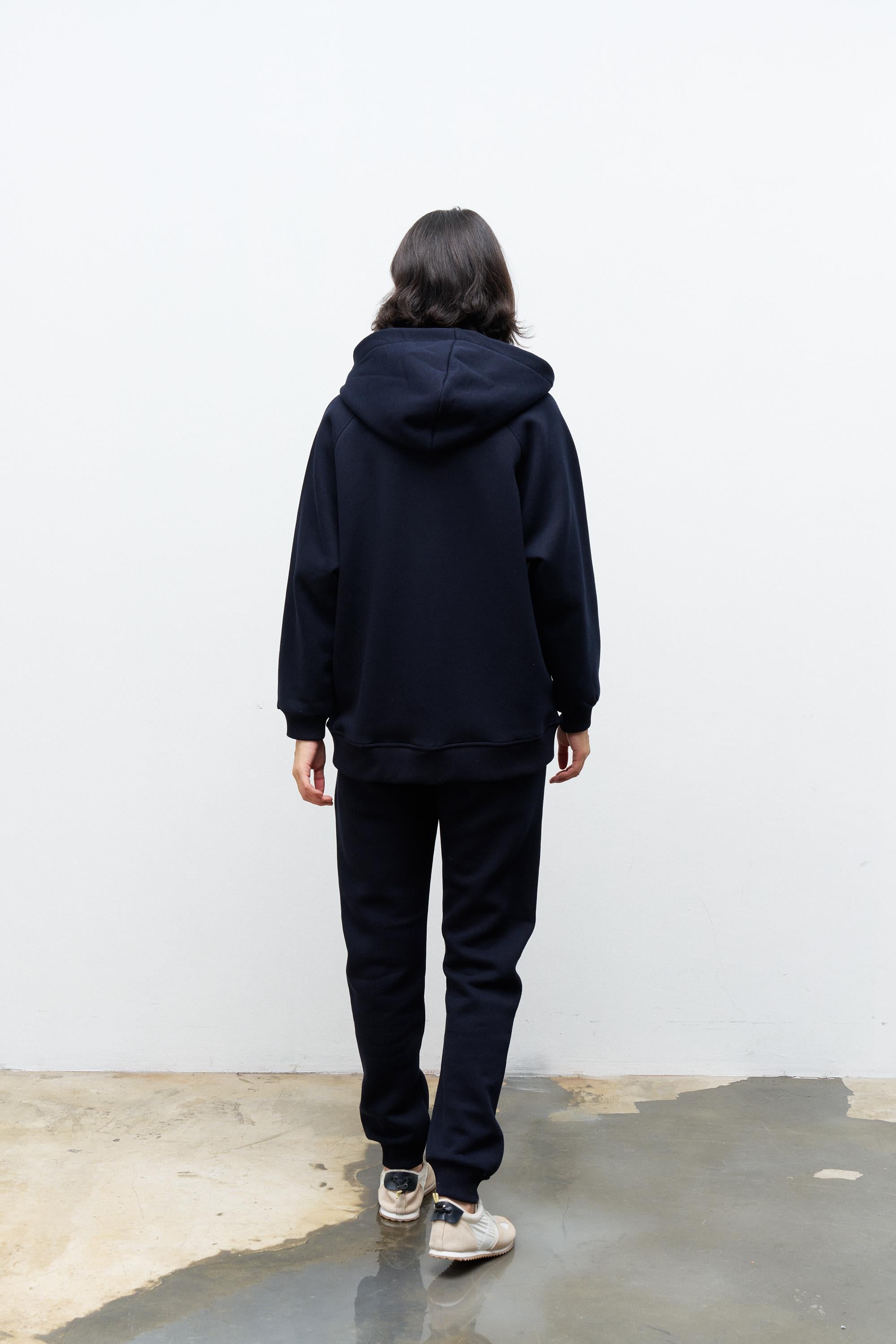 Lacivert Kadın Cep Etiket Detaylı  Kapüşonlu İçi Polarlı Alt Üst Takım