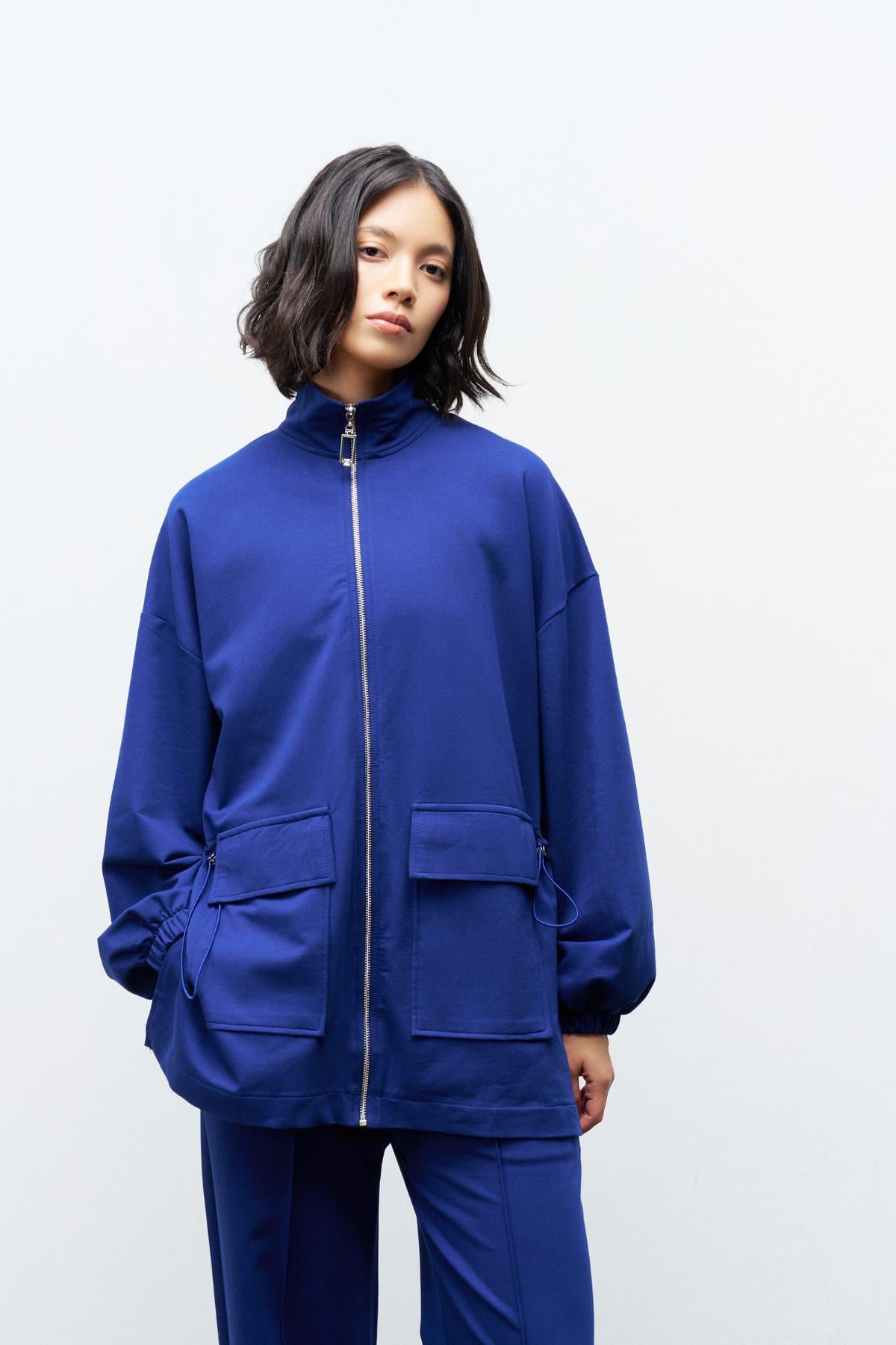 Lacivert Kadın Dik Yaka Fermuarlı Kapaklı Cep Detaylı Bol Paça Pamuklu Örme Alt Üst Takım