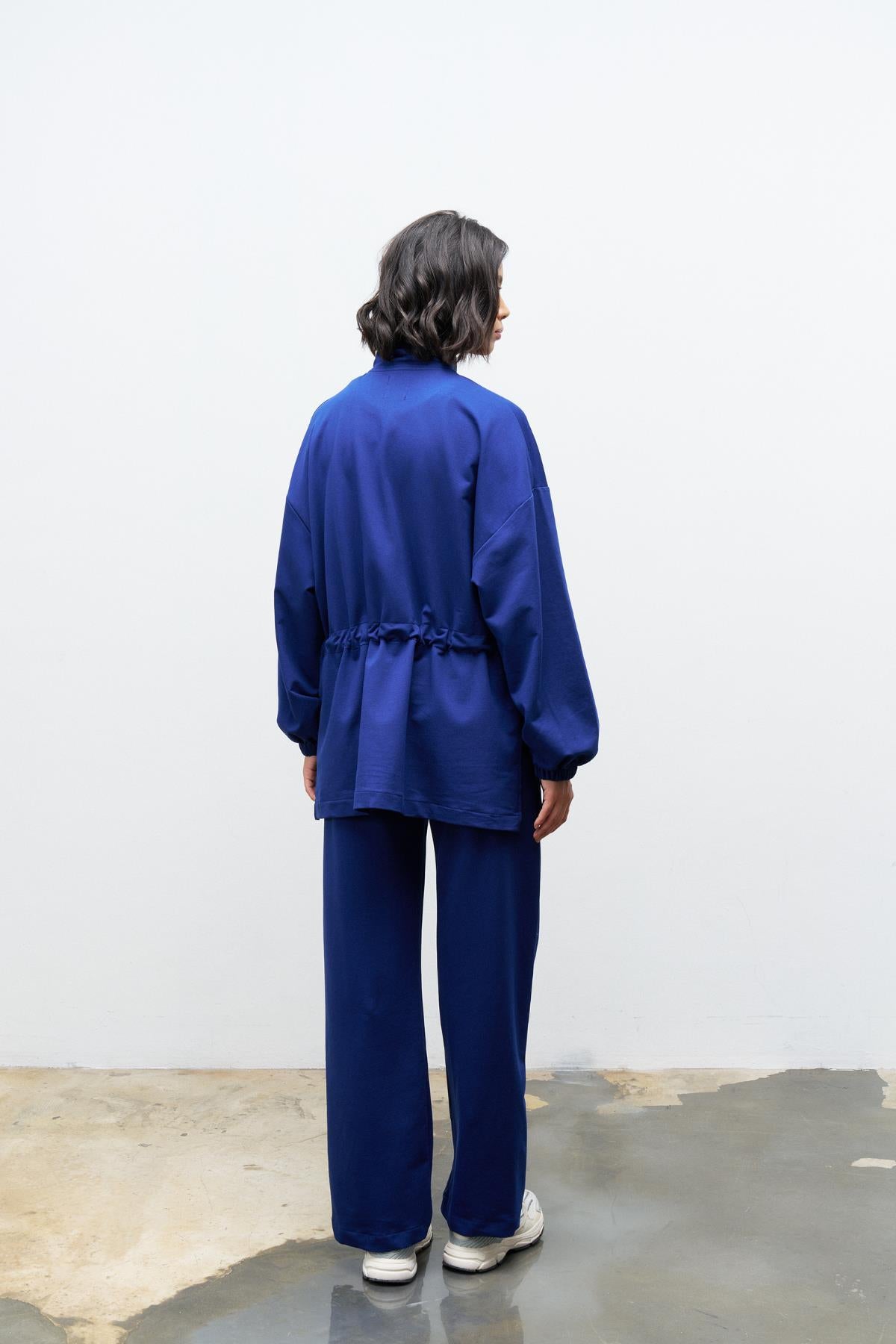 Lacivert Kadın Dik Yaka Fermuarlı Kapaklı Cep Detaylı Bol Paça Pamuklu Örme Alt Üst Takım