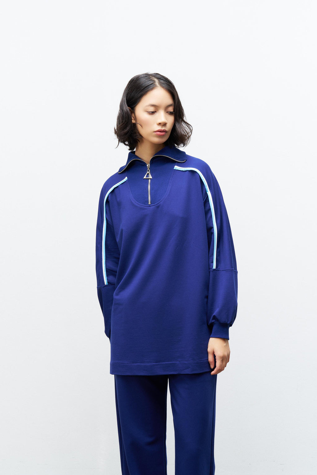 Lacivert Kadın Dik Yaka Yarım Fermuarlı Bol Paça Pamuklu Örme Alt Üst Takım