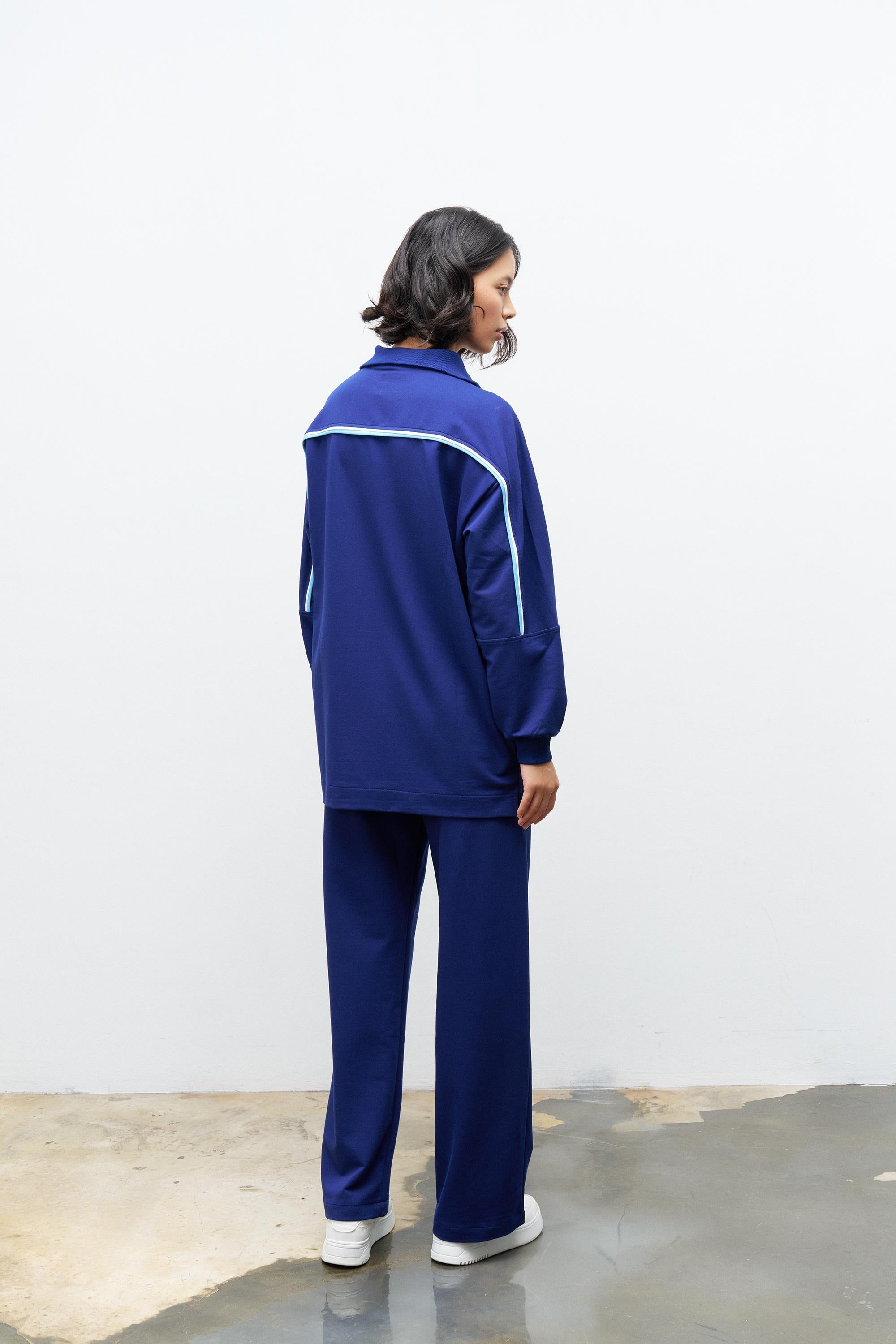 Lacivert Kadın Dik Yaka Yarım Fermuarlı Bol Paça Pamuklu Örme Alt Üst Takım