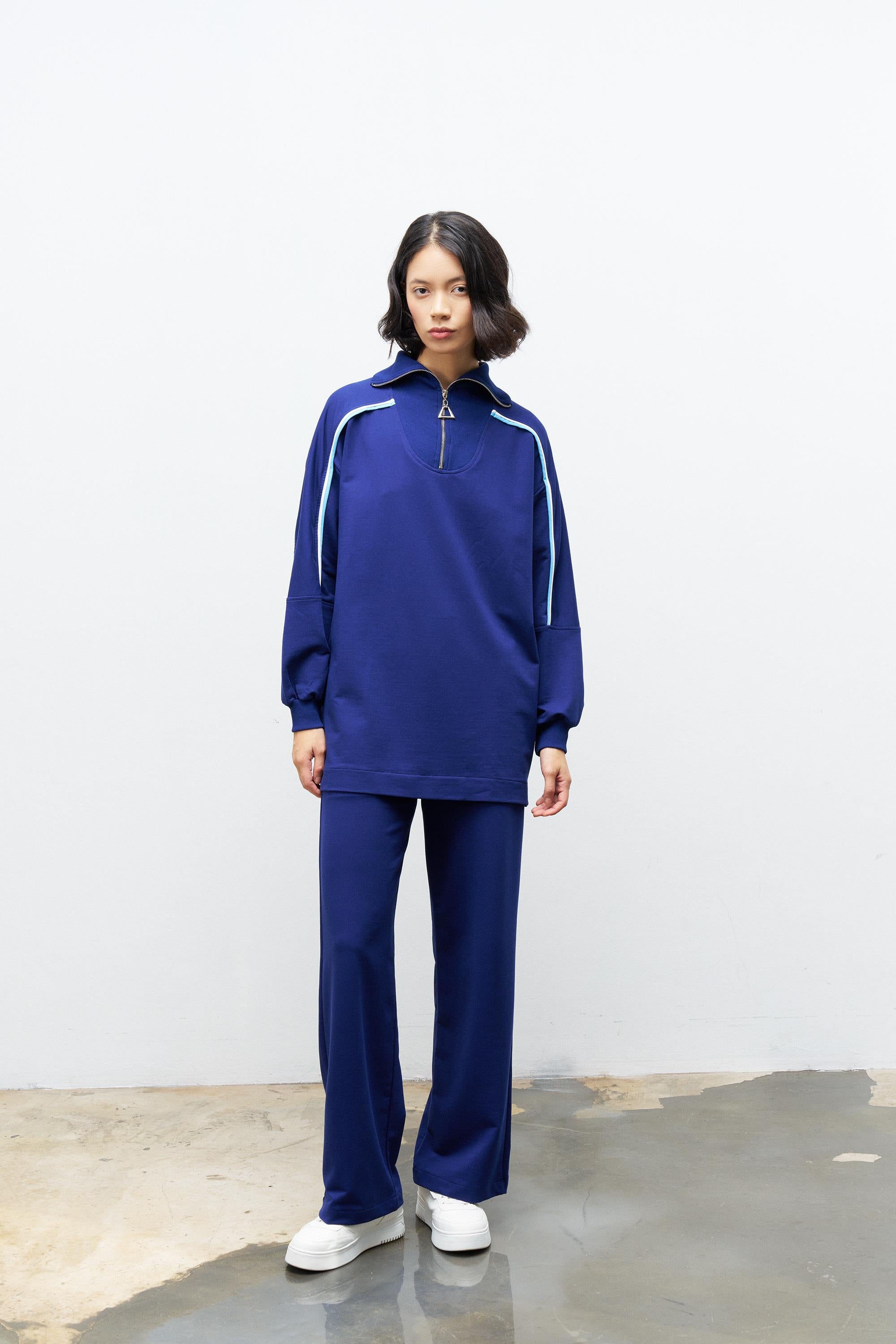 Lacivert Kadın Dik Yaka Yarım Fermuarlı Bol Paça Pamuklu Örme Alt Üst Takım