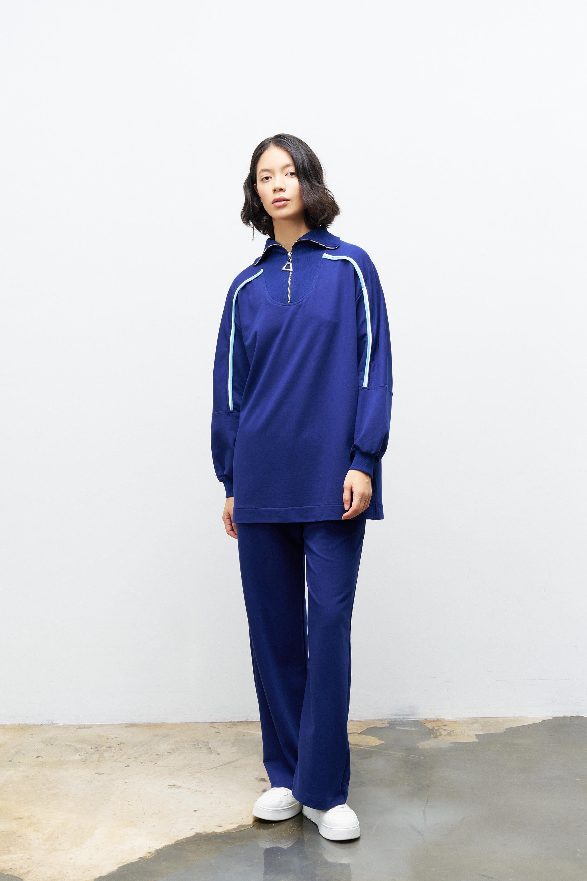 Lacivert Kadın Dik Yaka Yarım Fermuarlı Bol Paça Pamuklu Örme Alt Üst Takım