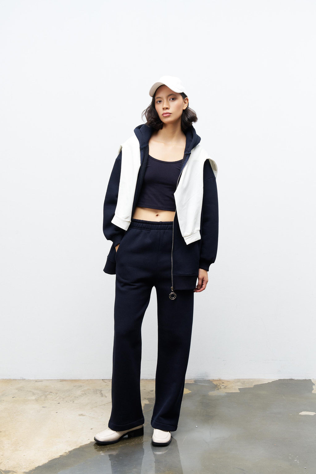 Lacivert Kadın Fermuar Detaylu Atlet-Alt-Üst 3'lü İçi Polarlı Şardonlu Takım