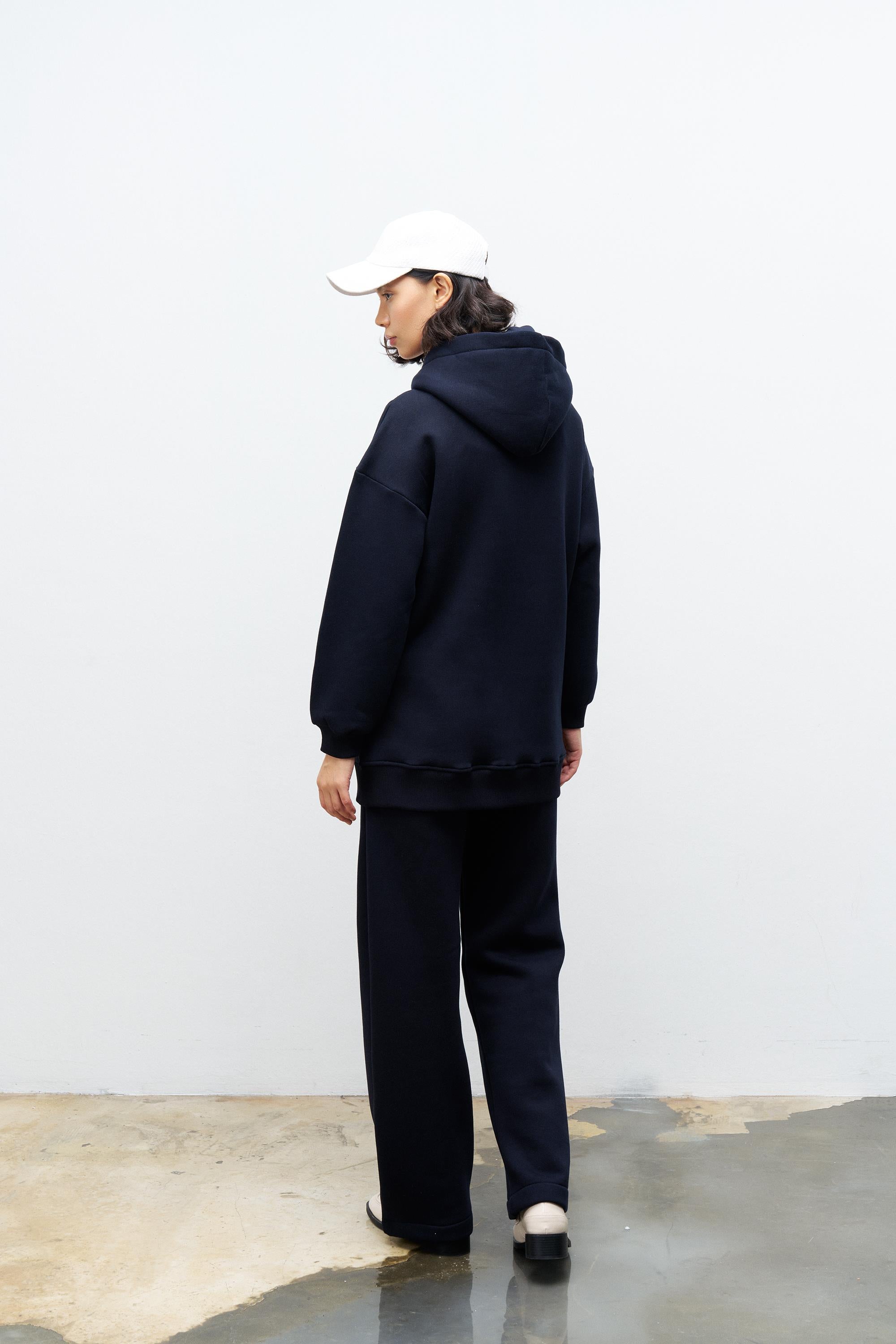 Lacivert Kadın Fermuar Detaylu Atlet-Alt-Üst 3'lü İçi Polarlı Şardonlu Takım