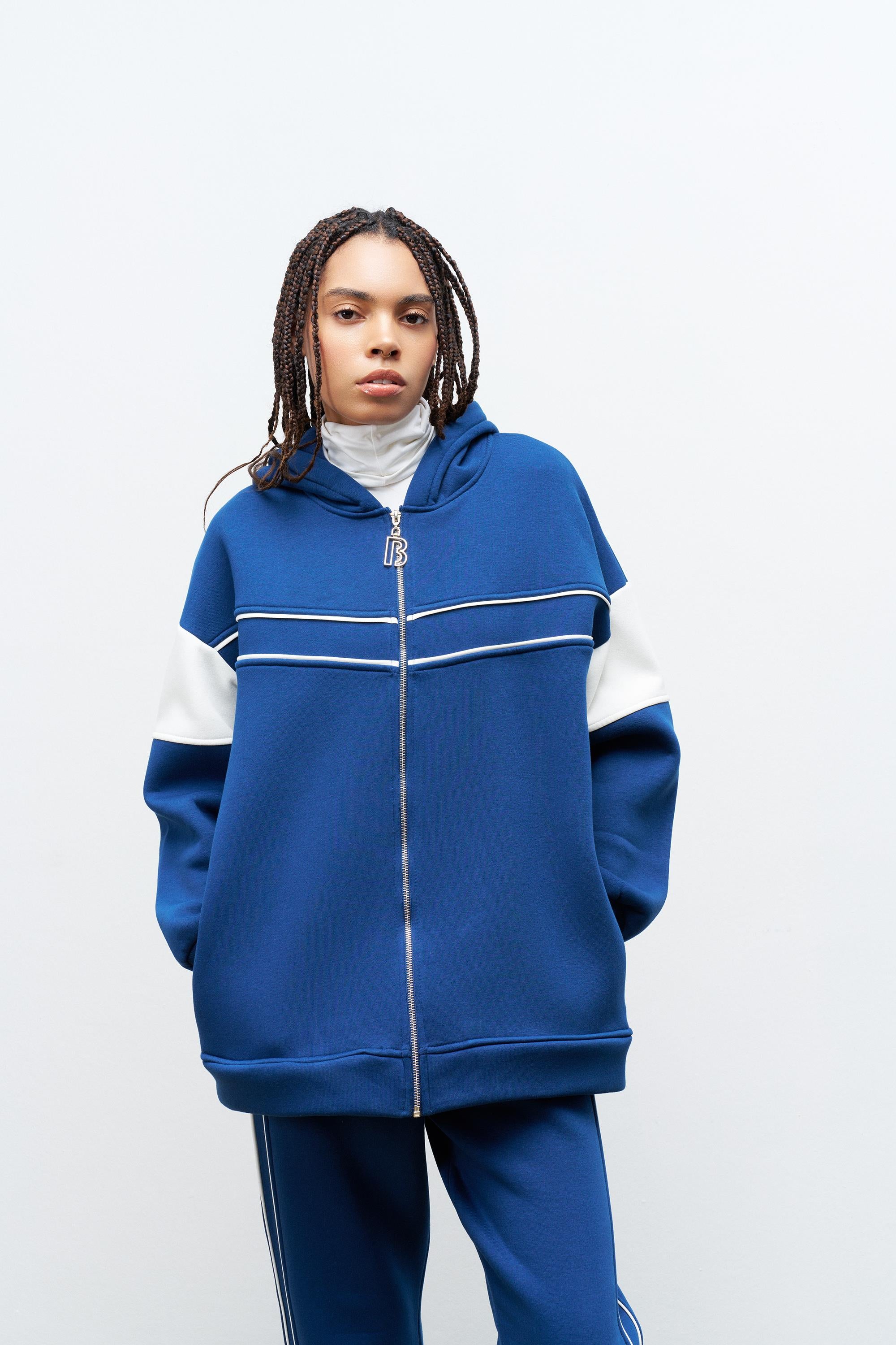 Lacivert Kadın Fermuarlı Çizgi Biye Detaylı Kapüşonlu İçi Polarlı Alt Üst Takım