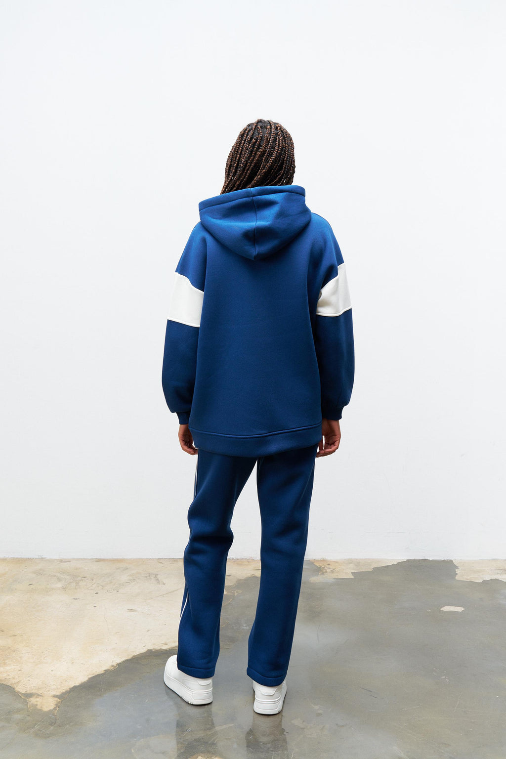 Lacivert Kadın Fermuarlı Çizgi Biye Detaylı Kapüşonlu İçi Polarlı Alt Üst Takım