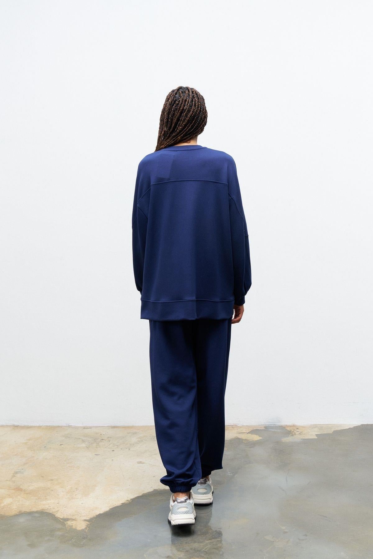 Lacivert Kadın Premium Modal Süs Etiket Detaylı Jogger Alt-Üst Takım