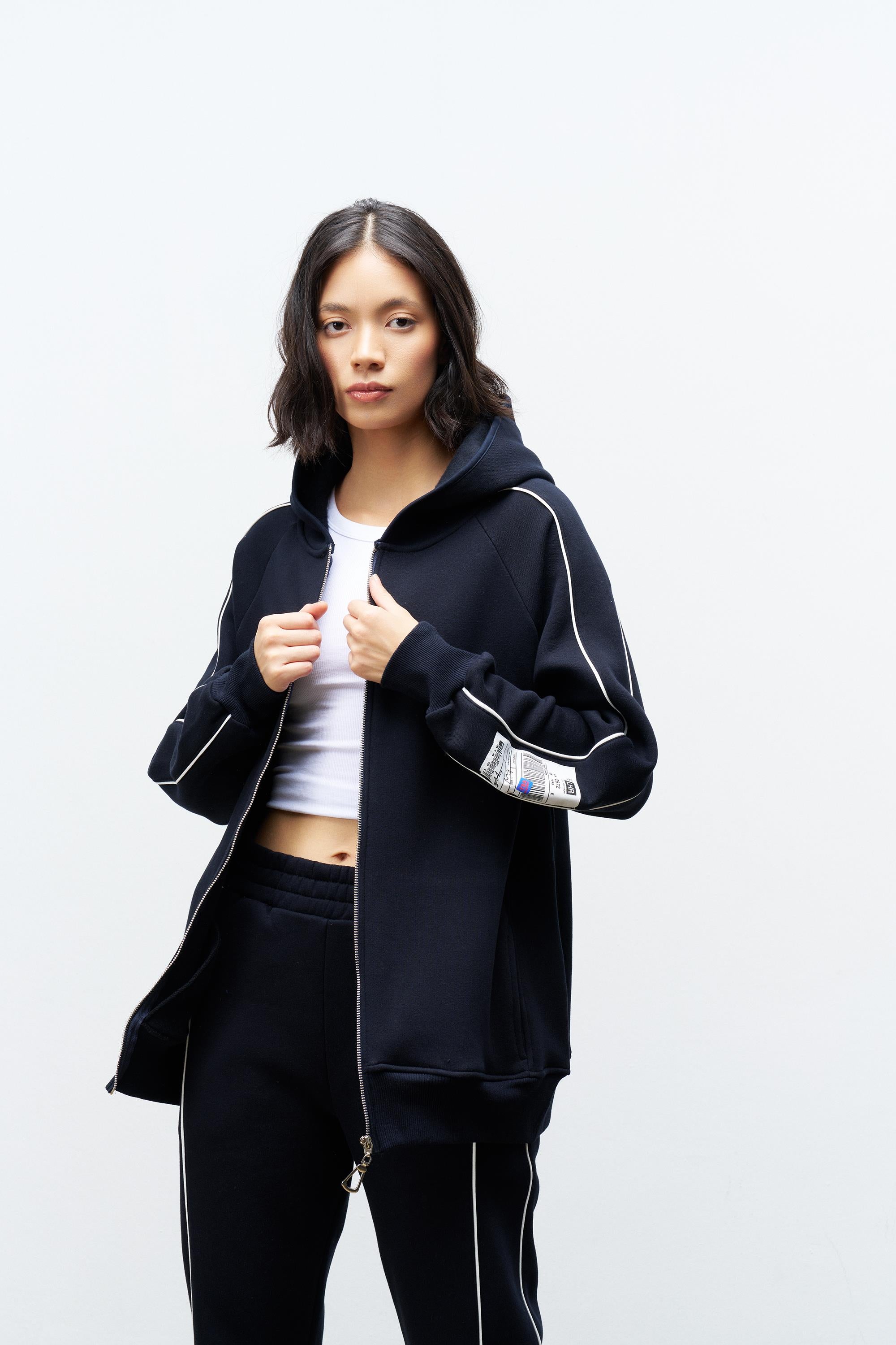 Lacivert Kadın Kol Etiket Detaylı Fermuar Kapamalı Kapüşonlu İçi Polarlı Alt Üst Takım