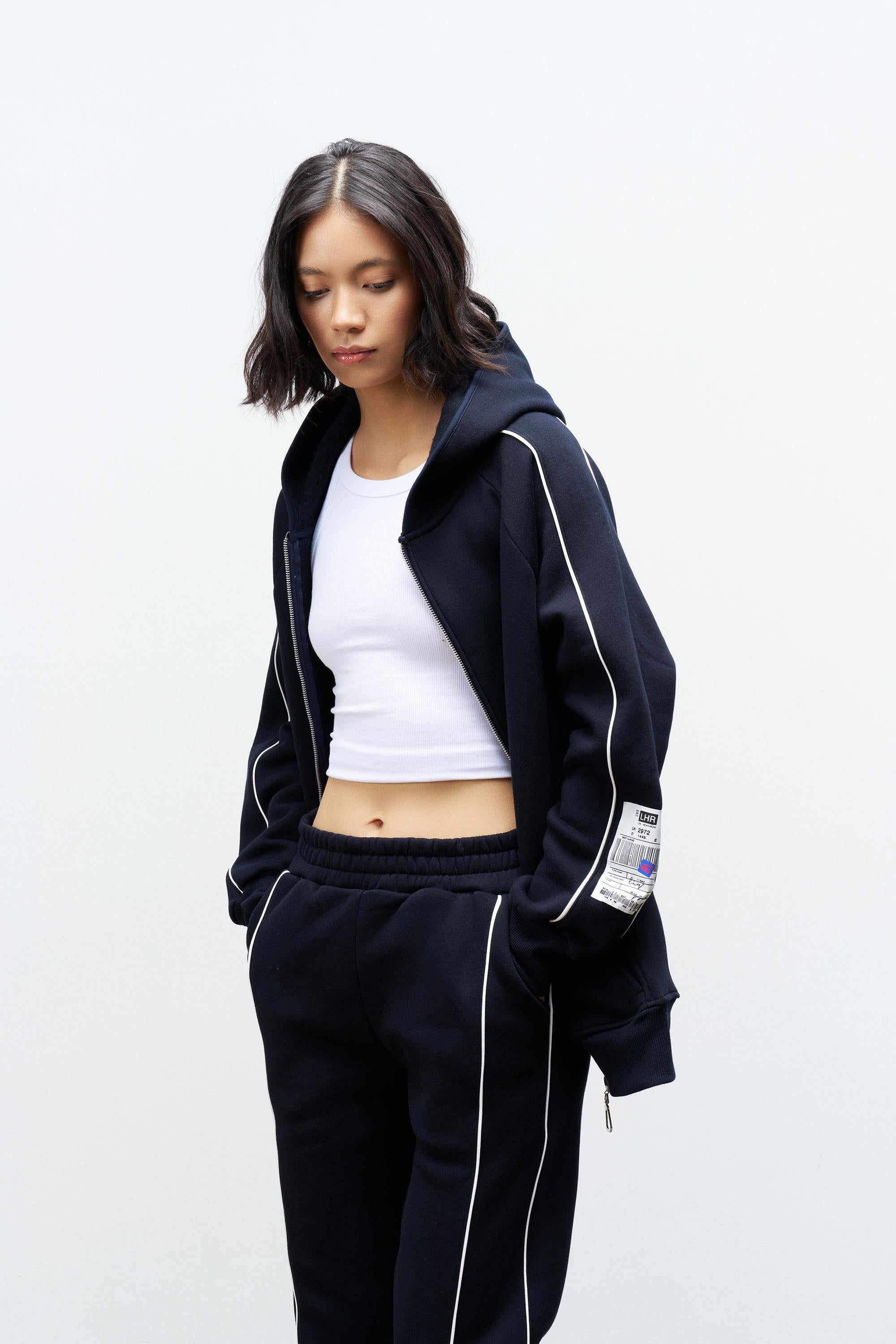 Lacivert Kadın Kol Etiket Detaylı Fermuar Kapamalı Kapüşonlu İçi Polarlı Alt Üst Takım