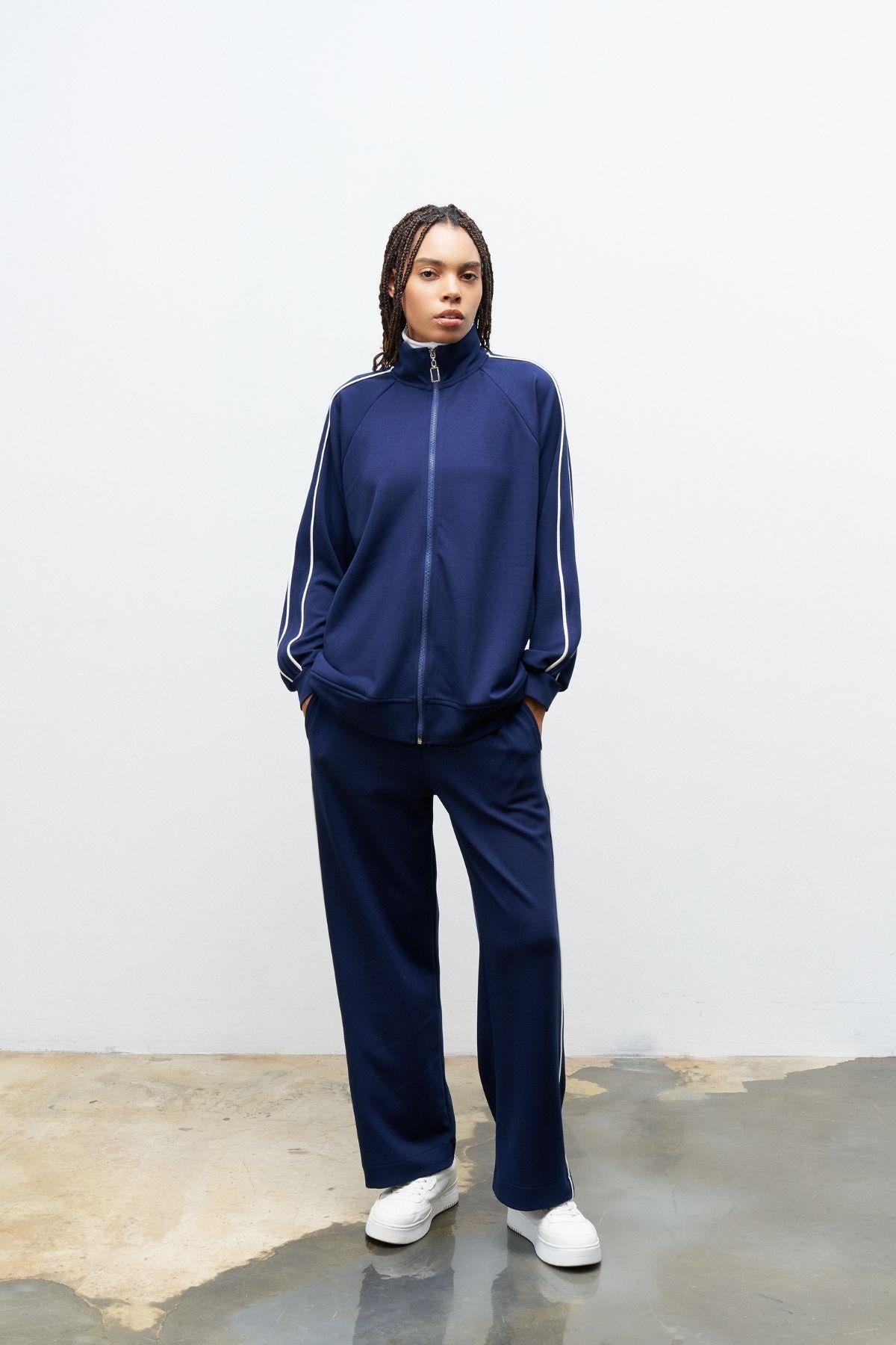 Lacivert Kadın Kol Üst Ve Pantolon Yan Şerit Detaylı  Fermuarlı Dik Yaka Modal Alt Üt Takım