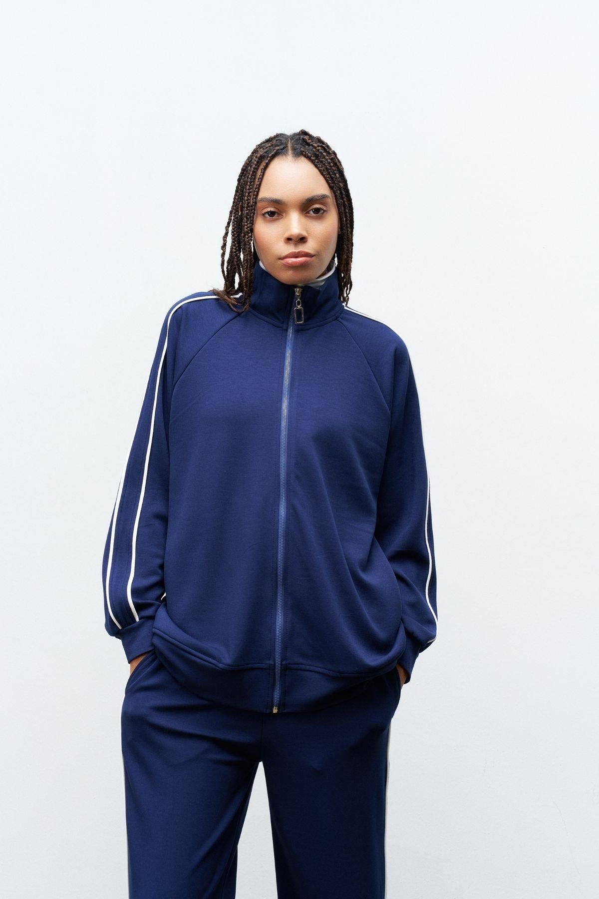 Lacivert Kadın Kol Üst Ve Pantolon Yan Şerit Detaylı  Fermuarlı Dik Yaka Modal Alt Üt Takım