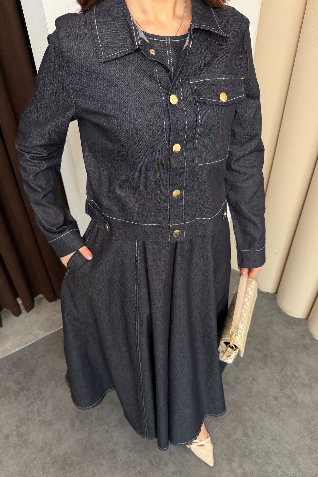 Lacivert Kadın Premium Denim Görünümlü Dokuma Takım Kemerli Elbise ve Ceket Takım