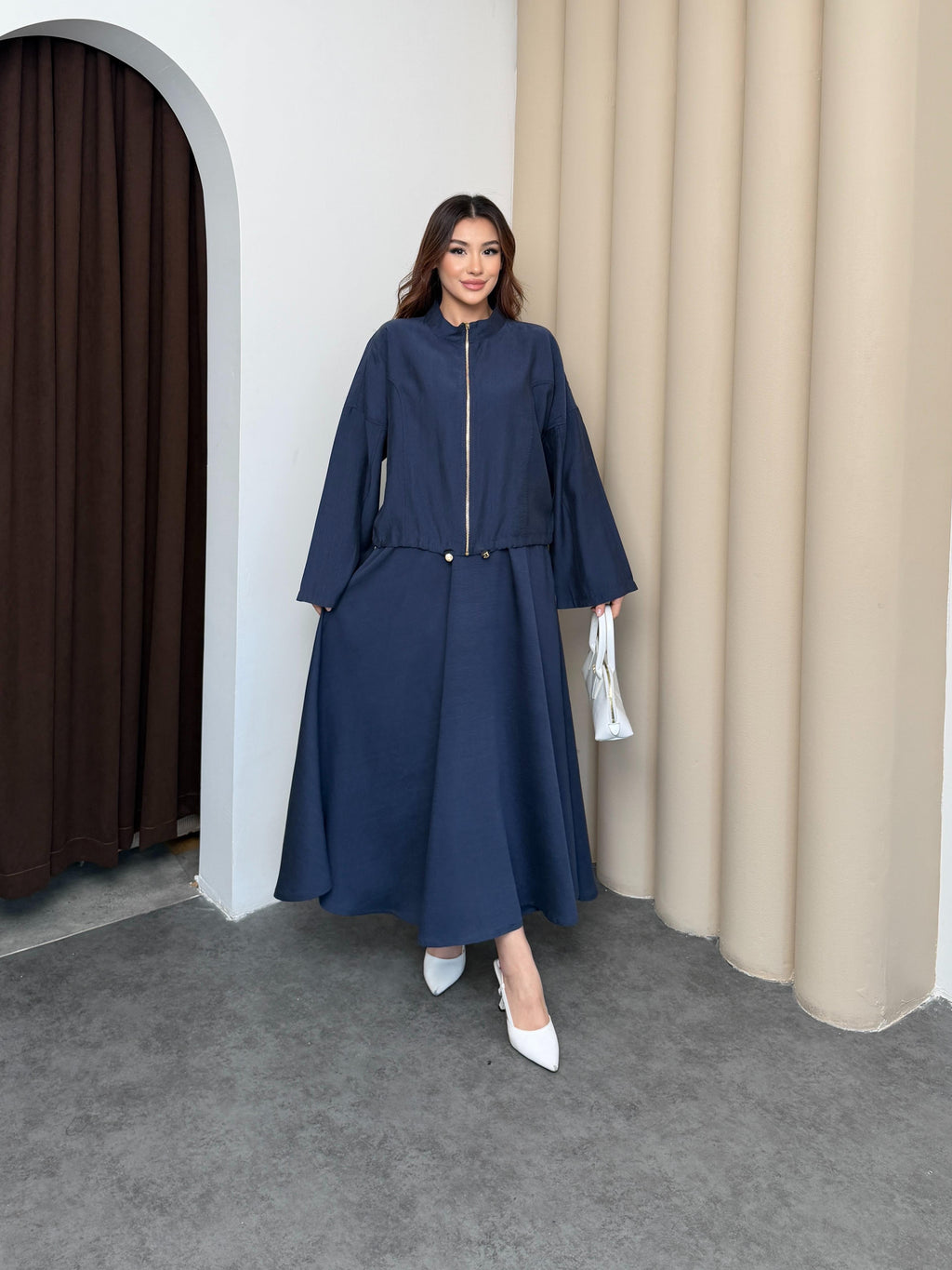 Lacivert Kadın Premium Tencel Kumaş Etek Kemer Detaylı Akışkan Dokulu Ceket Etek Takım