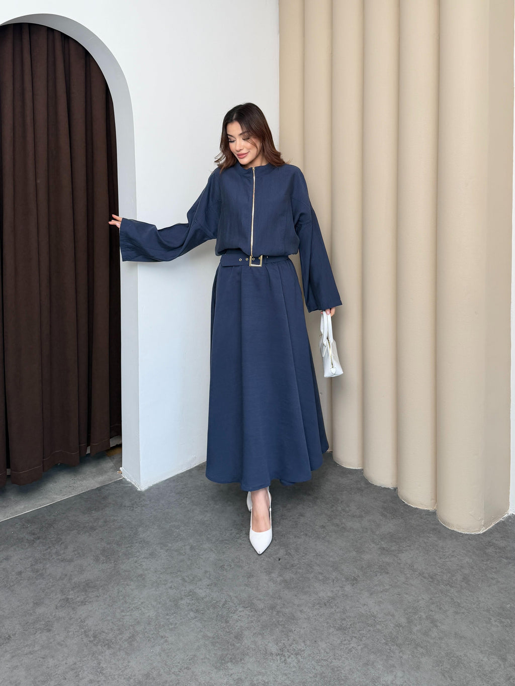 Lacivert Kadın Premium Tencel Kumaş Etek Kemer Detaylı Akışkan Dokulu Ceket Etek Takım