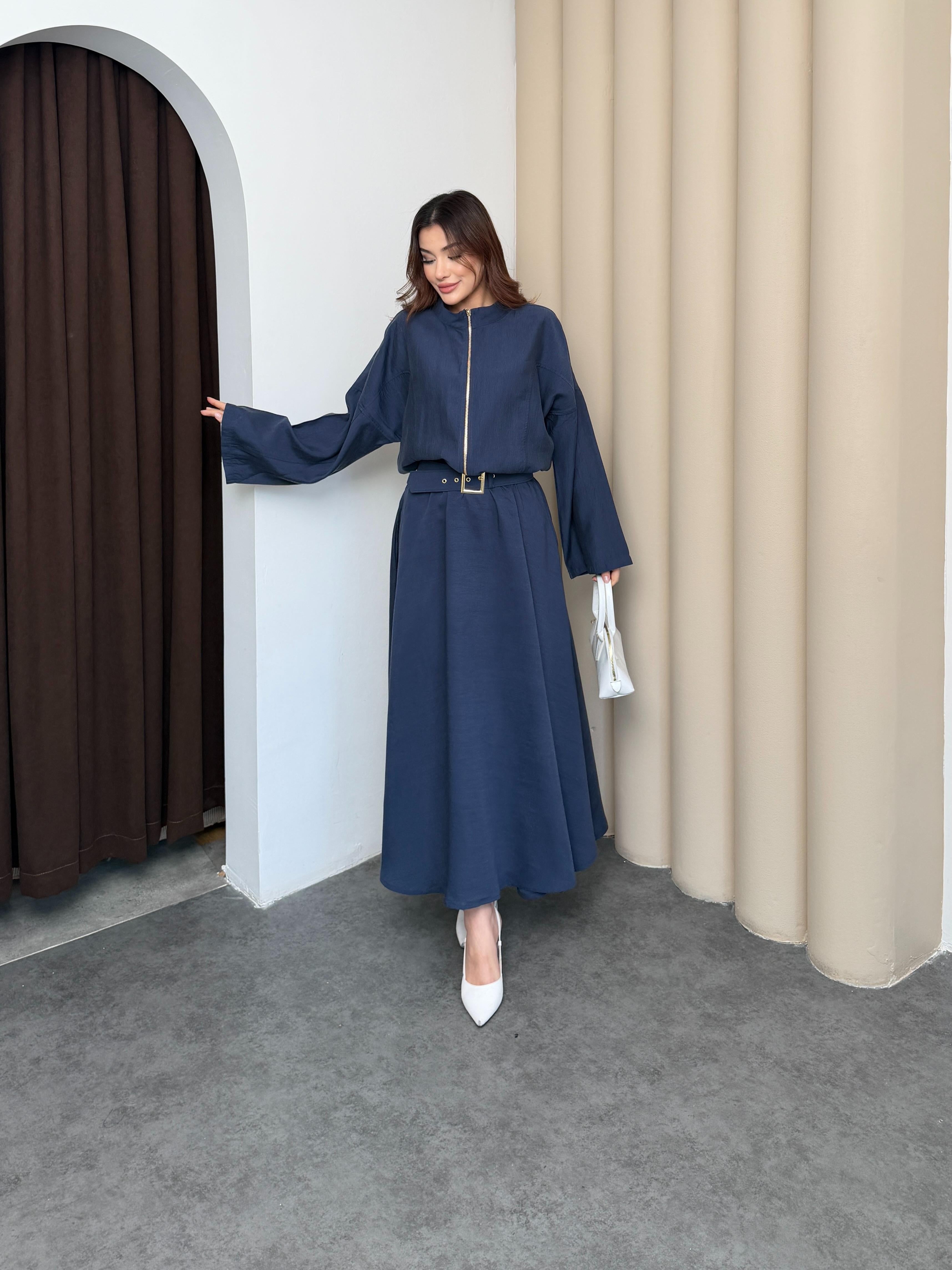 Lacivert Kadın Premium Tencel Kumaş Etek Kemer Detaylı Akışkan Dokulu Ceket Etek Takım