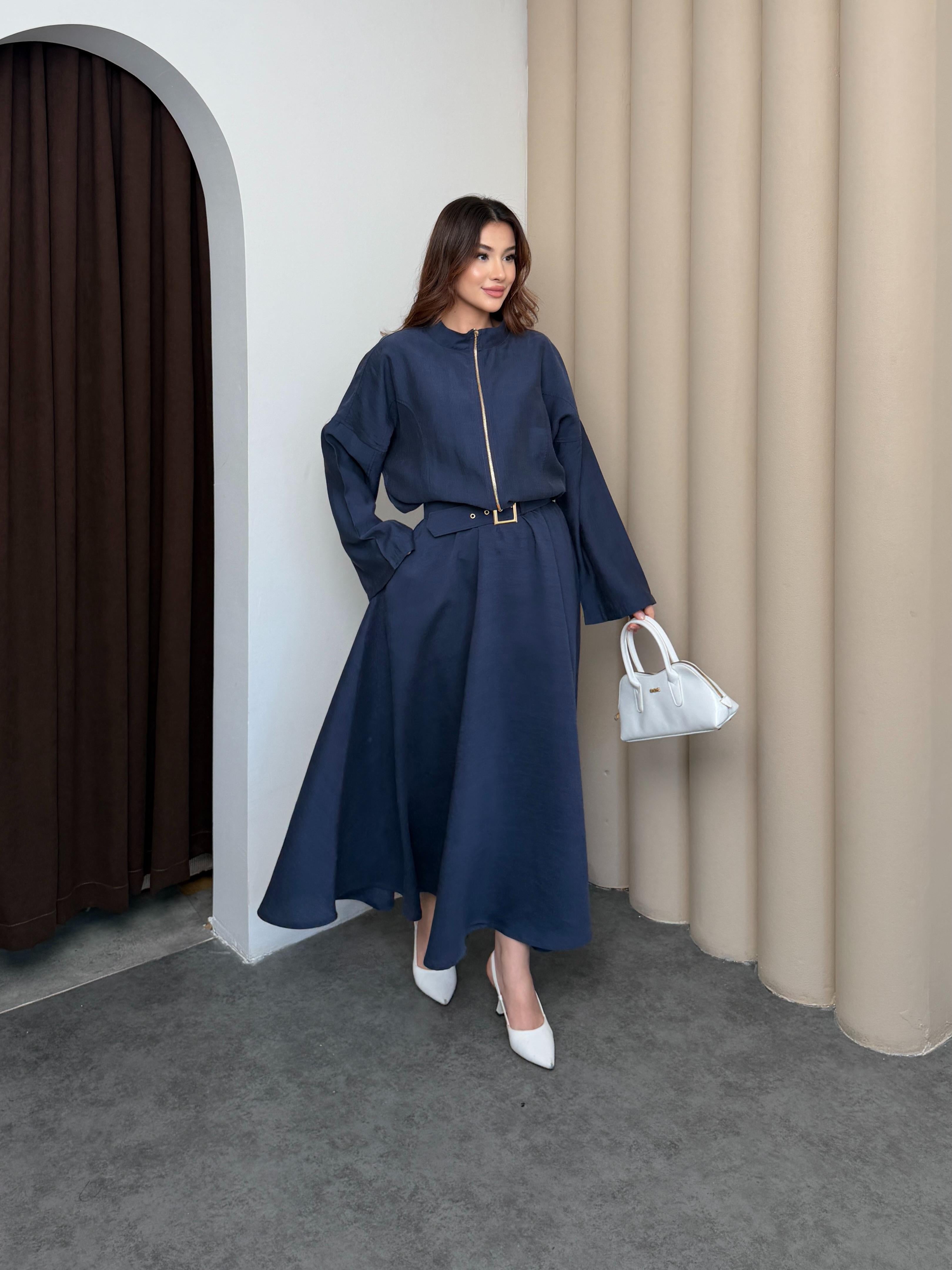 Lacivert Kadın Premium Tencel Kumaş Etek Kemer Detaylı Akışkan Dokulu Ceket Etek Takım