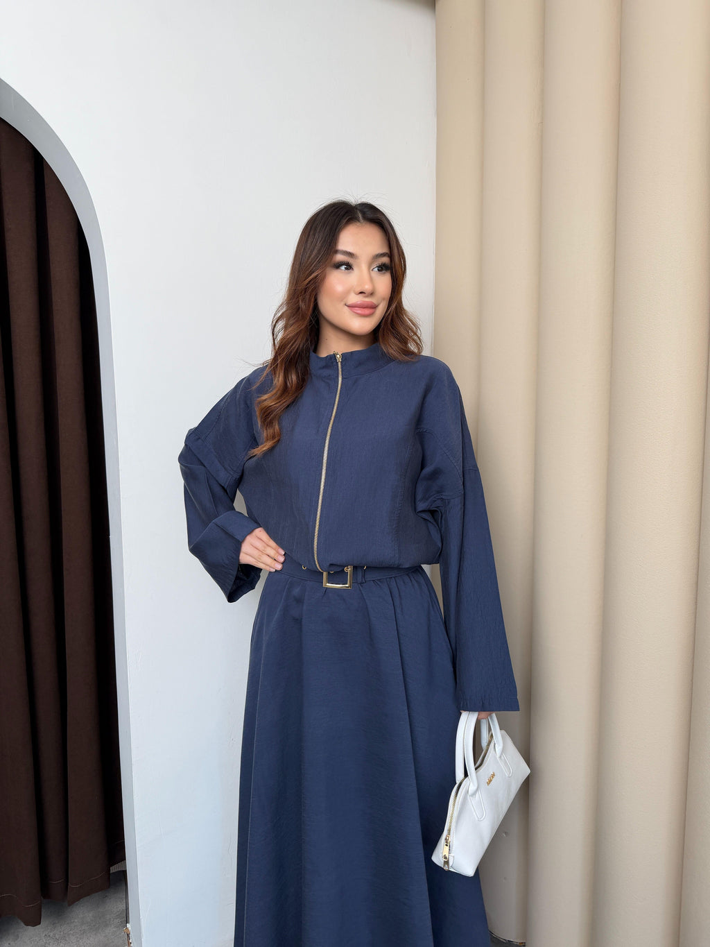 Lacivert Kadın Premium Tencel Kumaş Etek Kemer Detaylı Akışkan Dokulu Ceket Etek Takım