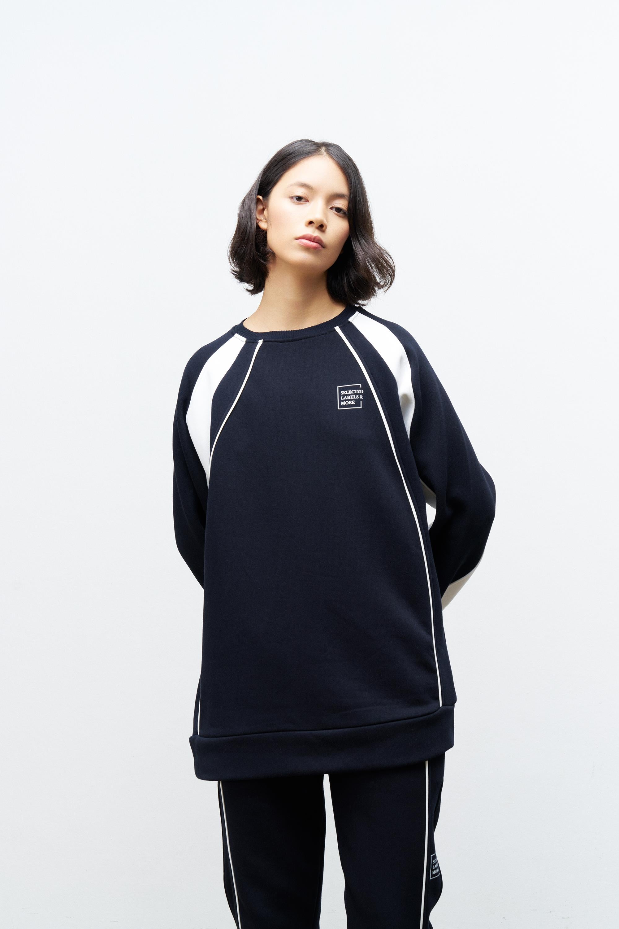 Lacivert Kadın Şardonlu Baskı Detaylı Bisiklet Yaka Rahat Kesim Oversize Kalıp Alt Üst Takım