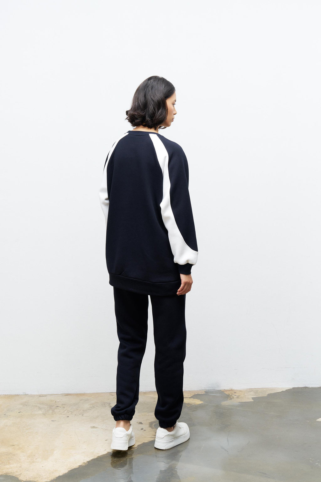 Lacivert Kadın Şardonlu Baskı Detaylı Bisiklet Yaka Rahat Kesim Oversize Kalıp Alt Üst Takım