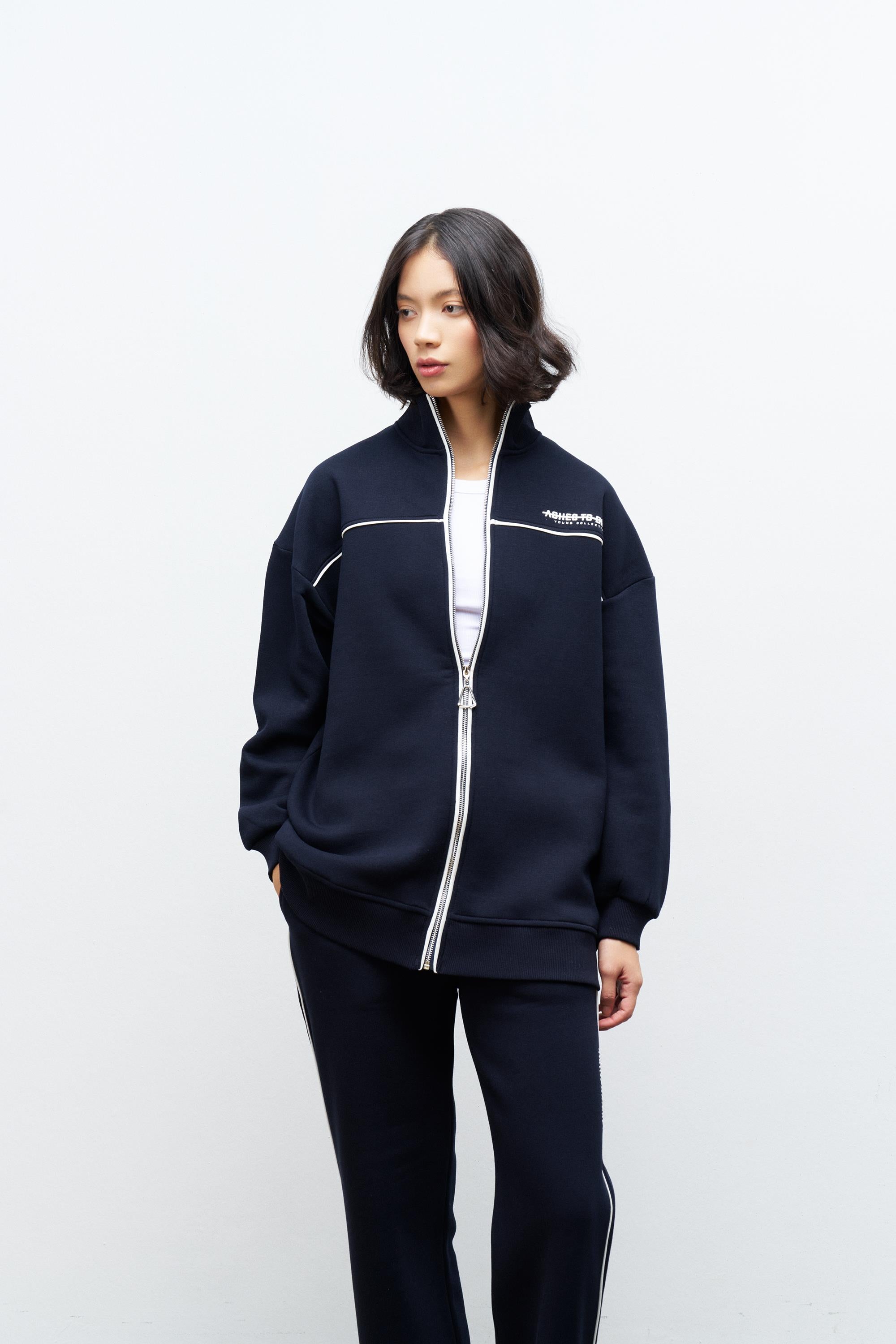 Lacivert Kadın Yazı Baskı Detaylı Fermuarlı İçi Polarlı Alt Üst Takım