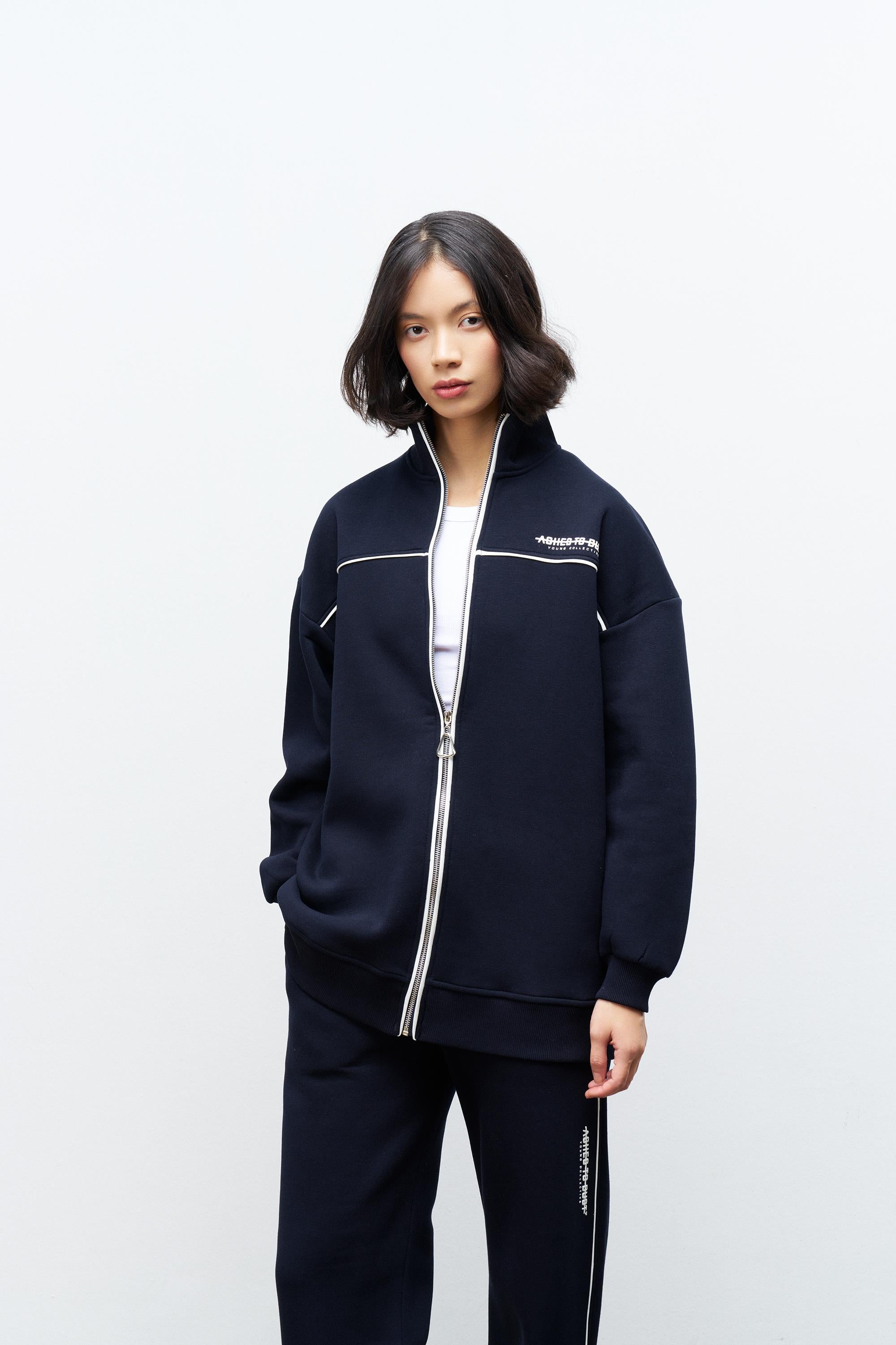 Lacivert Kadın Yazı Baskı Detaylı Fermuarlı İçi Polarlı Alt Üst Takım