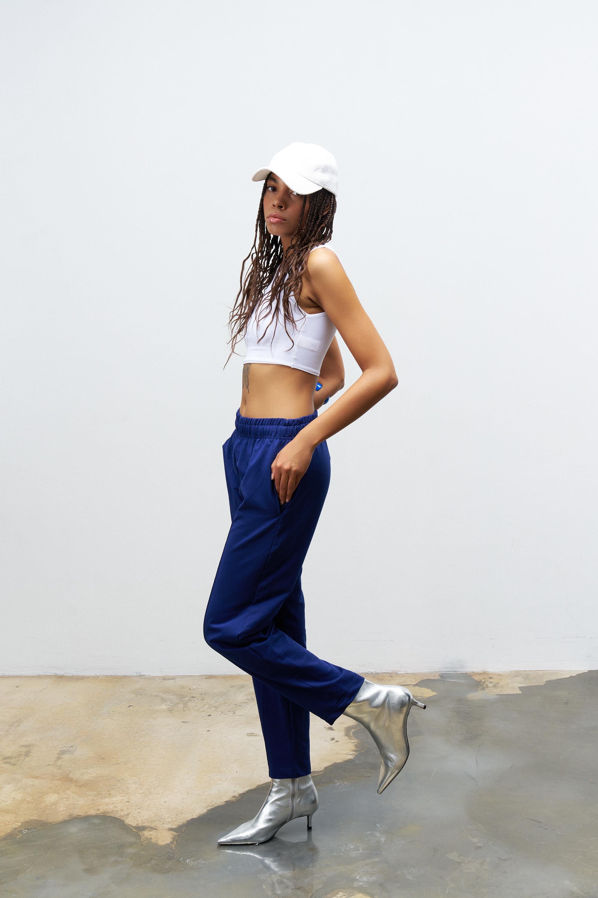 Lacivert Kadın Yüksek Ayarlanabilir Bel Comfort Fit Pamuklu Jogger Pantolon