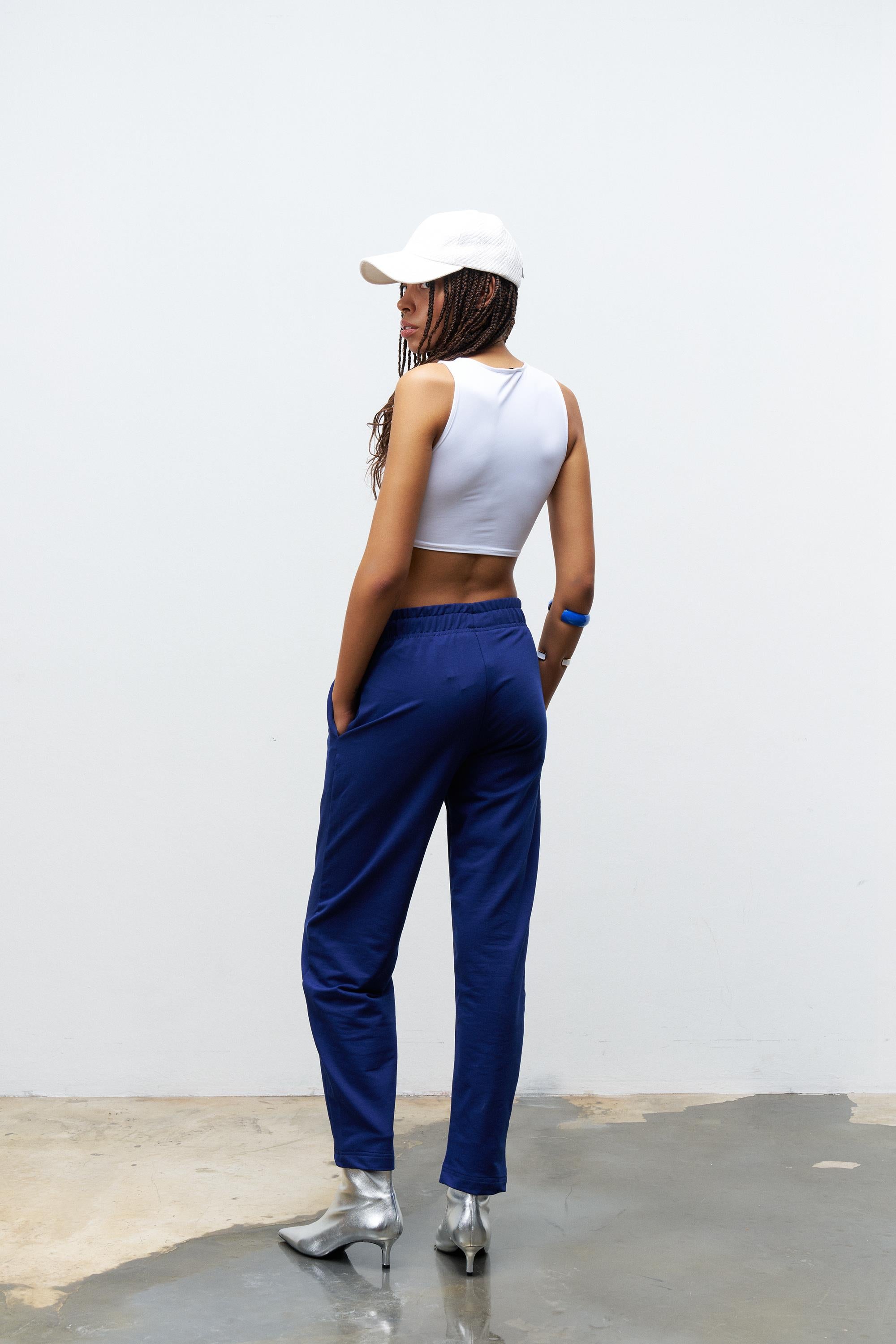 Lacivert Kadın Yüksek Ayarlanabilir Bel Comfort Fit Pamuklu Jogger Pantolon