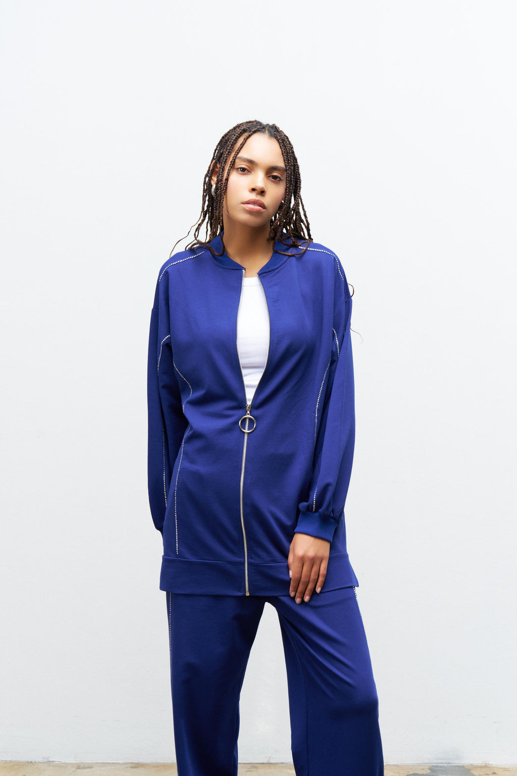 Lacivert KadınTaş Detaylı Fermuarlı Pamuklu Örme Alt Üst Takım