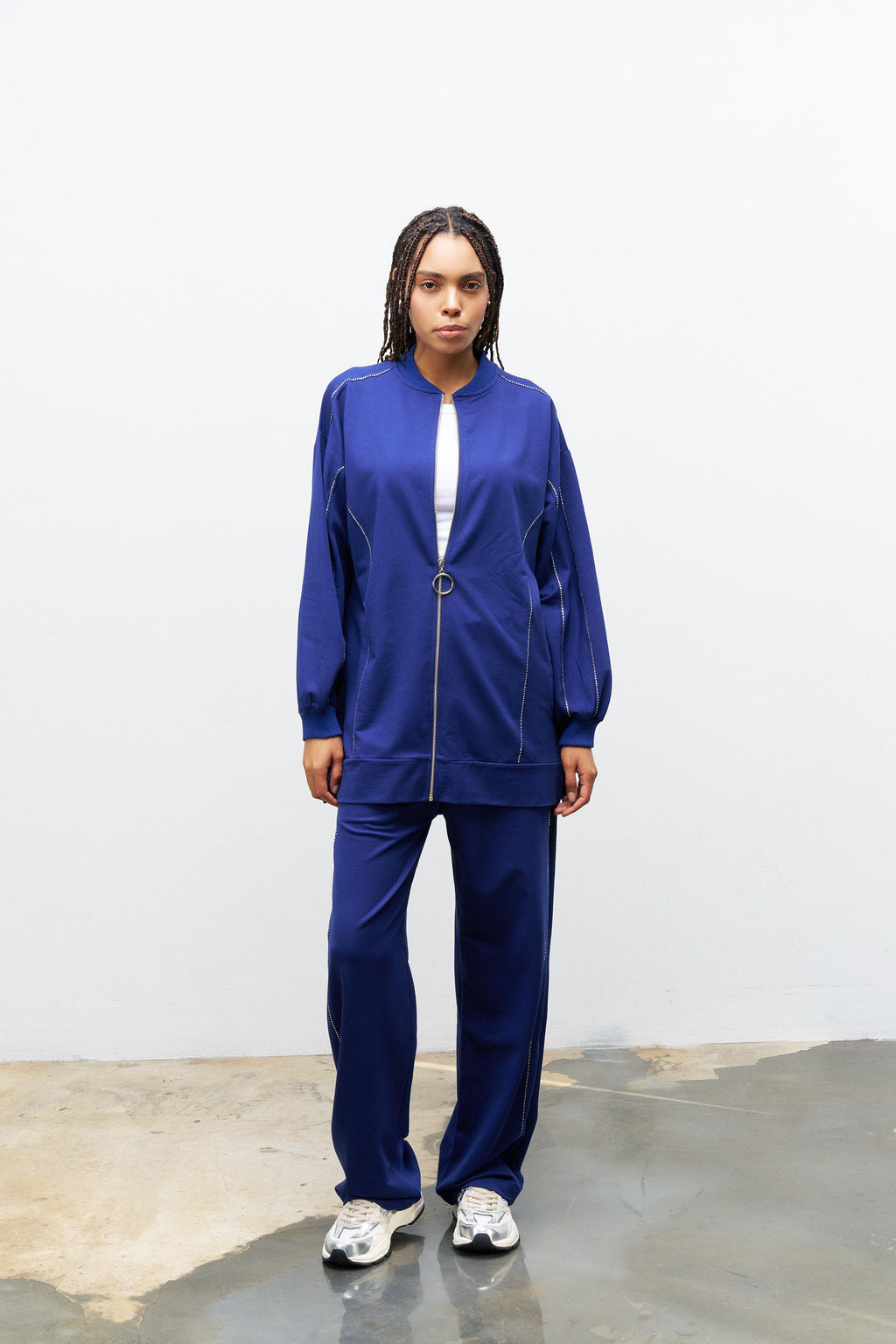 Lacivert KadınTaş Detaylı Fermuarlı Pamuklu Örme Alt Üst Takım