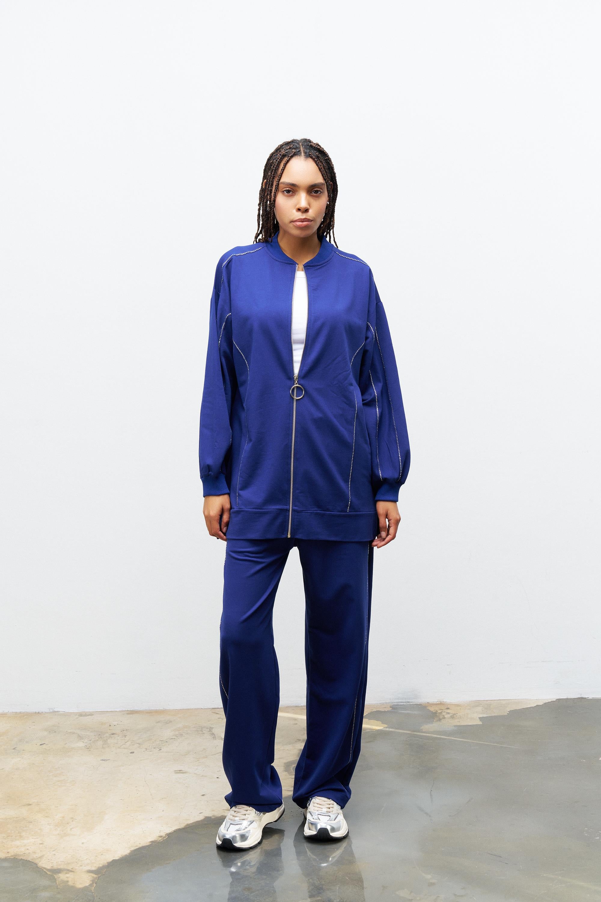 Lacivert KadınTaş Detaylı Fermuarlı Pamuklu Örme Alt Üst Takım