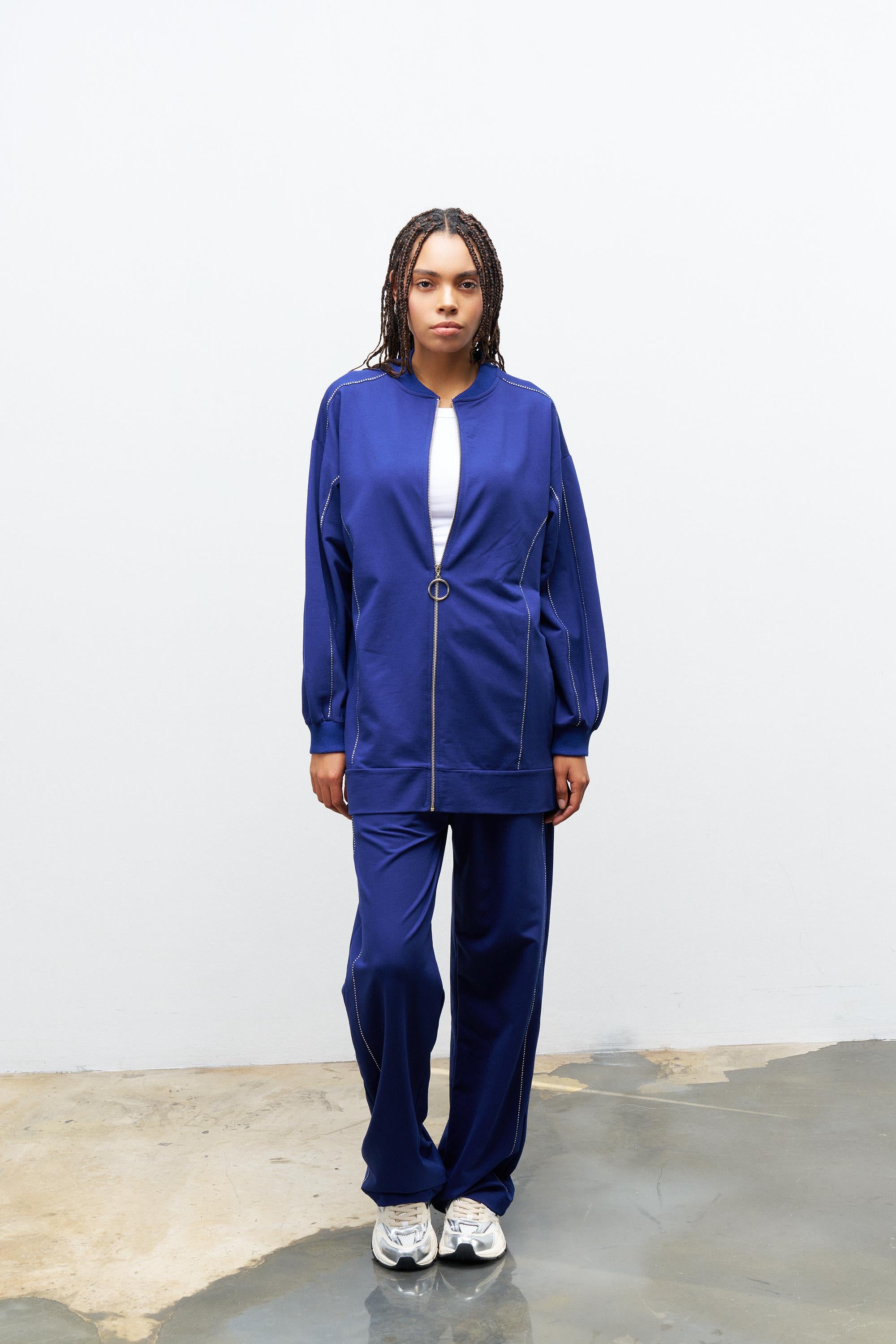 Lacivert KadınTaş Detaylı Fermuarlı Pamuklu Örme Alt Üst Takım