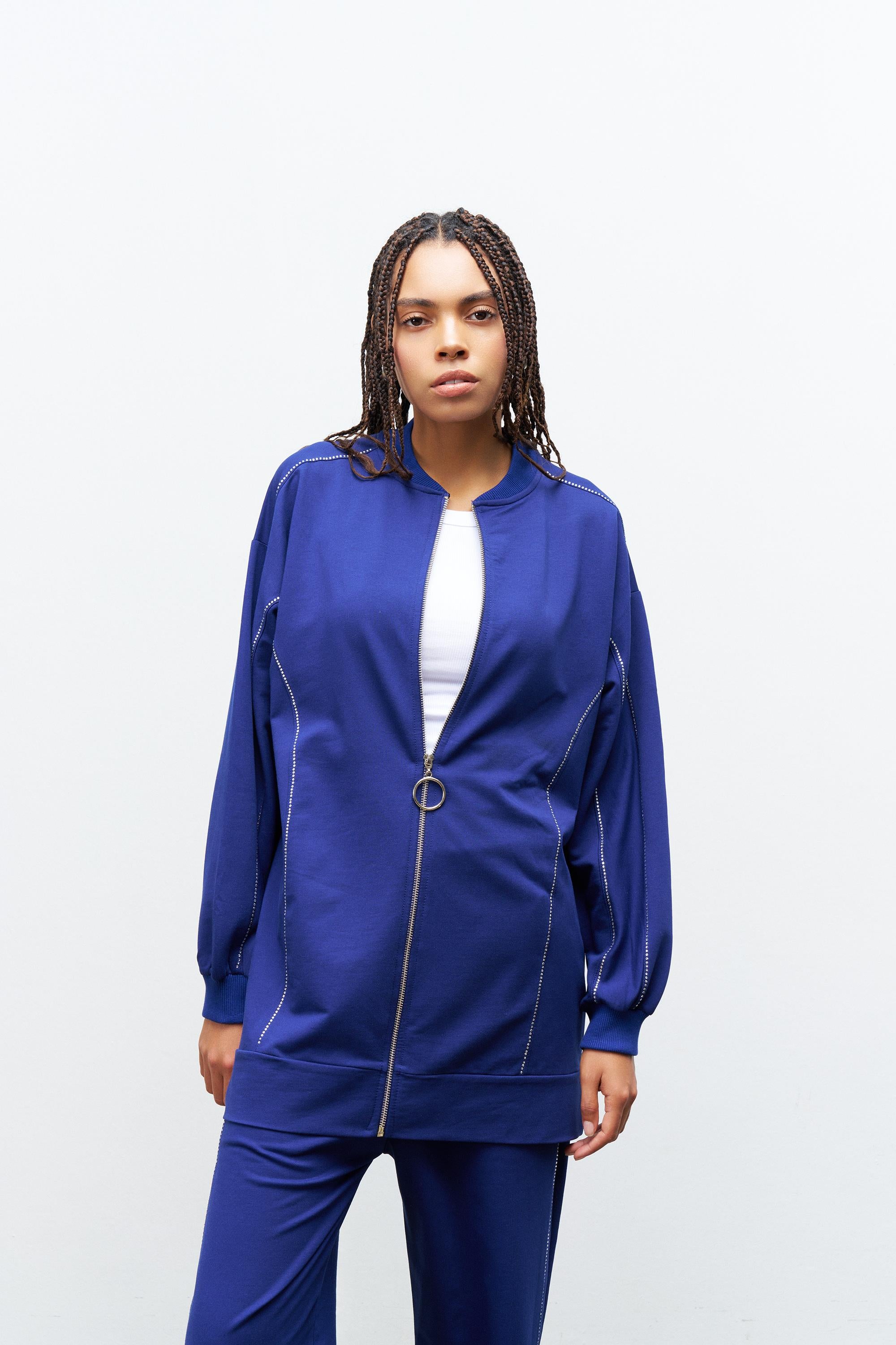 Lacivert KadınTaş Detaylı Fermuarlı Pamuklu Örme Alt Üst Takım