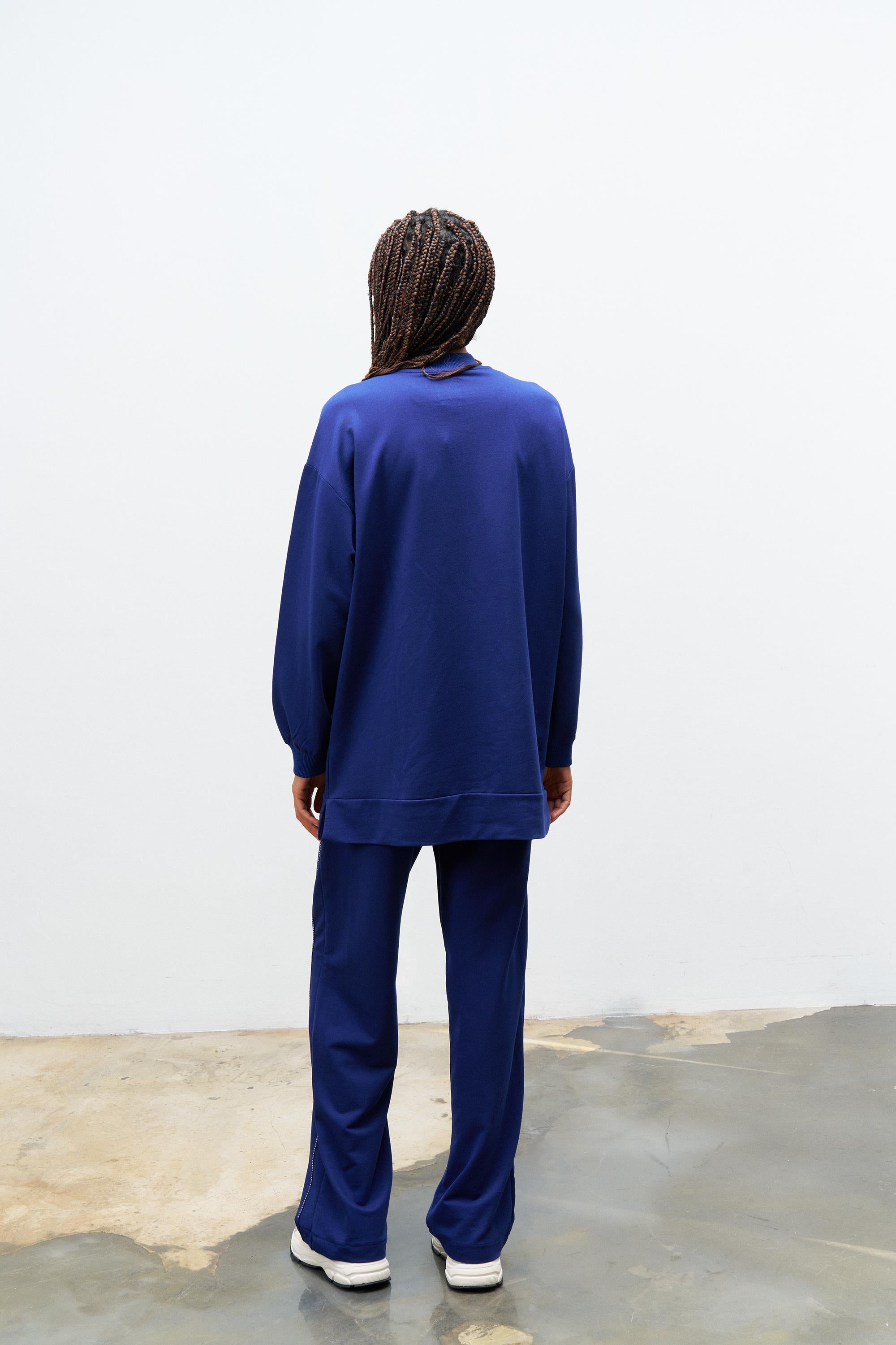 Lacivert KadınTaş Detaylı Fermuarlı Pamuklu Örme Alt Üst Takım