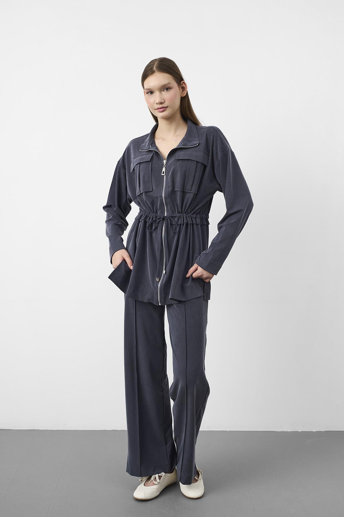 Lacivert Tencel Akışkan Doku Beli Ayarlanabilir Ön Dikişli Ceket Pantolon Takım