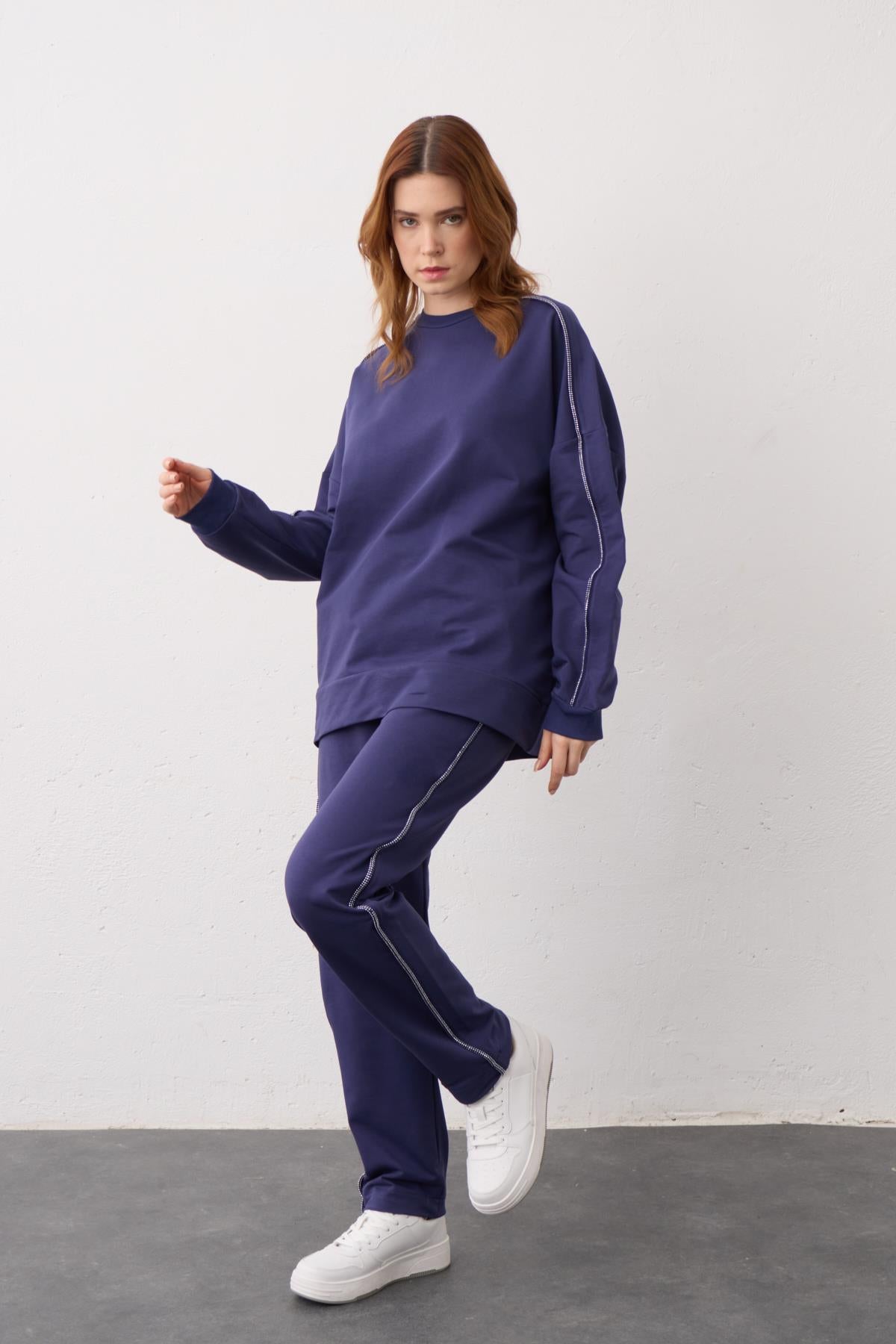 LACİVERT Yan Taşlı Şerit Detaylı Arabiyeli Pamuklu Örme Alt Üst Takım