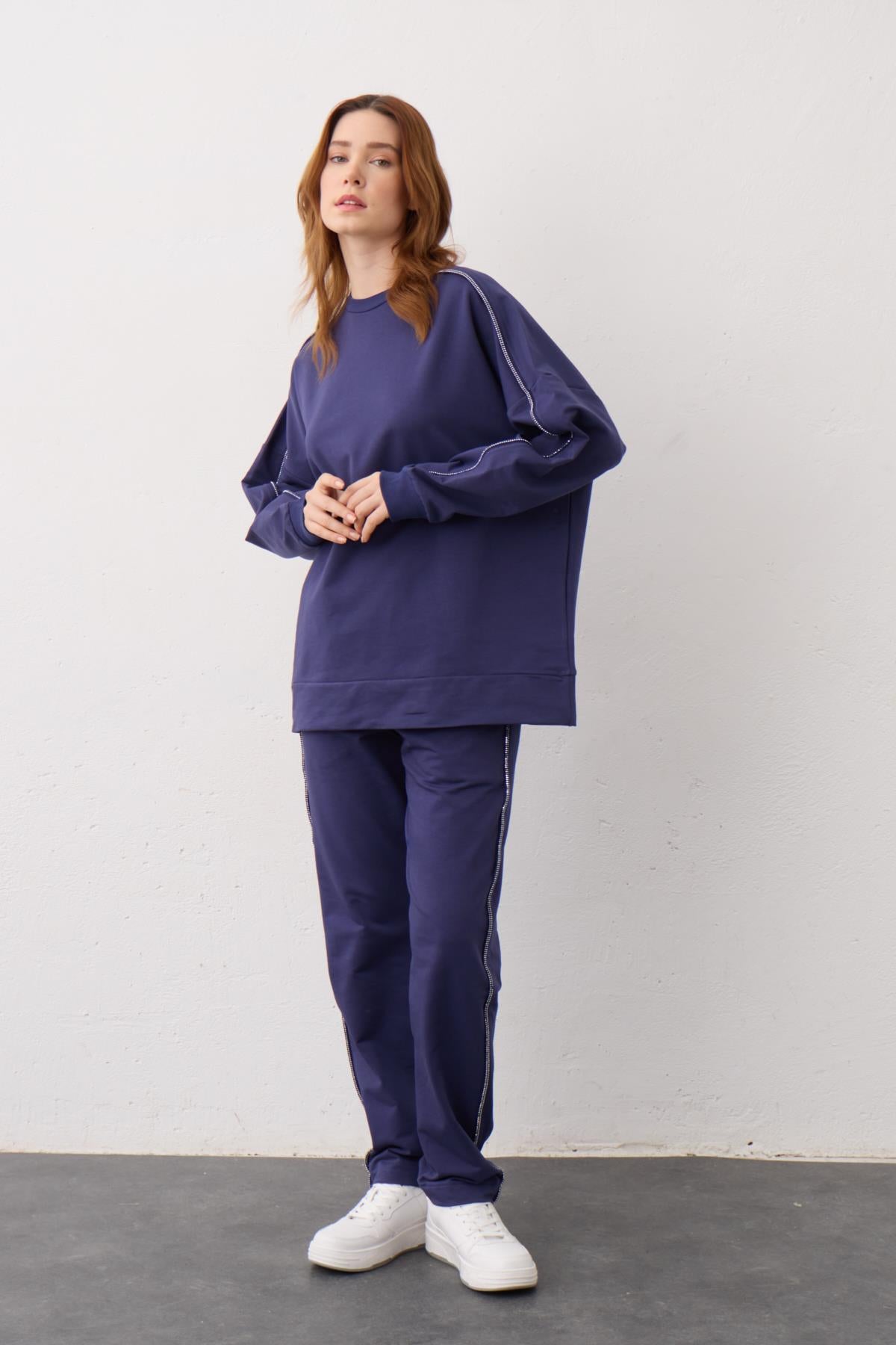 LACİVERT Yan Taşlı Şerit Detaylı Arabiyeli Pamuklu Örme Alt Üst Takım