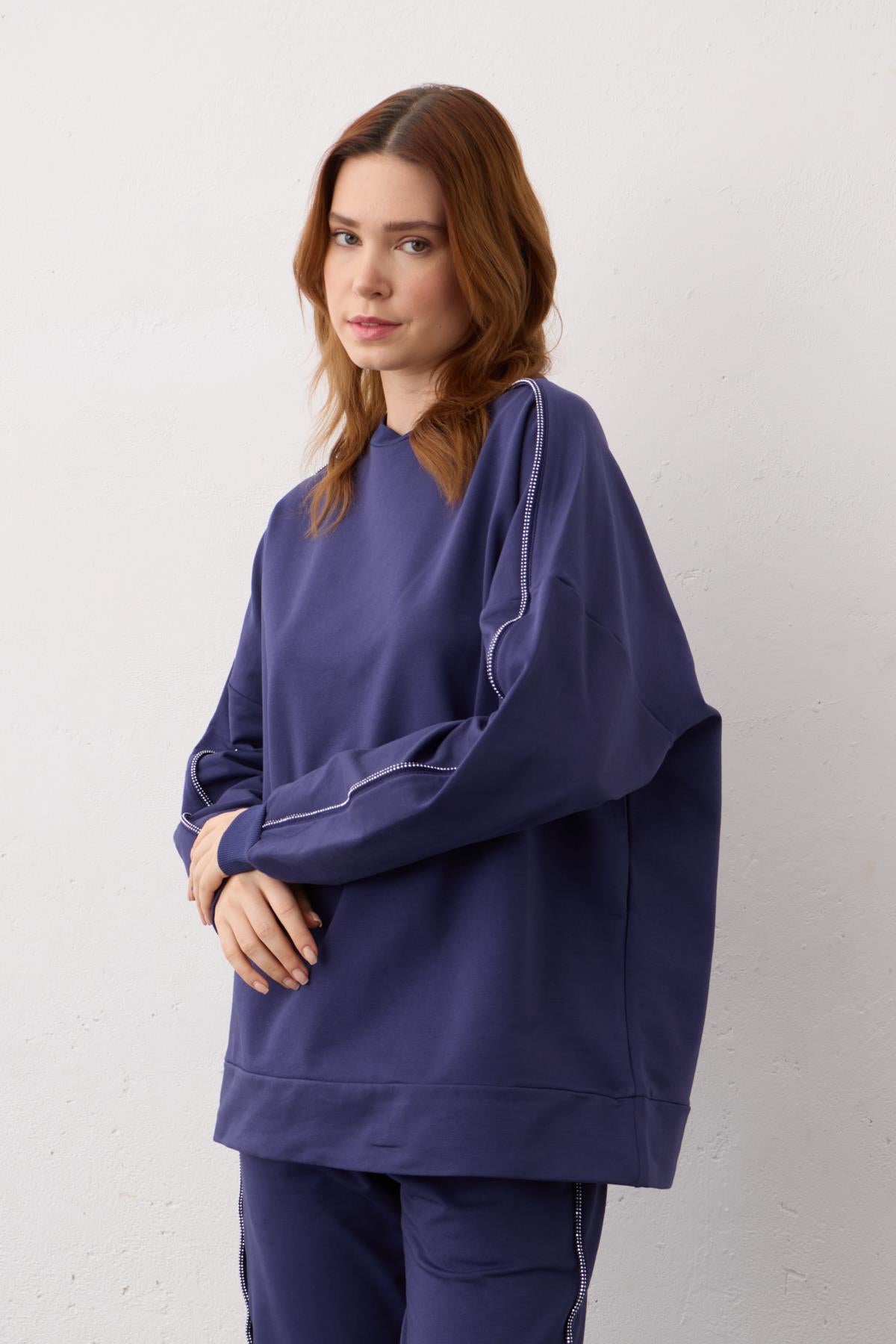 LACİVERT Yan Taşlı Şerit Detaylı Arabiyeli Pamuklu Örme Alt Üst Takım