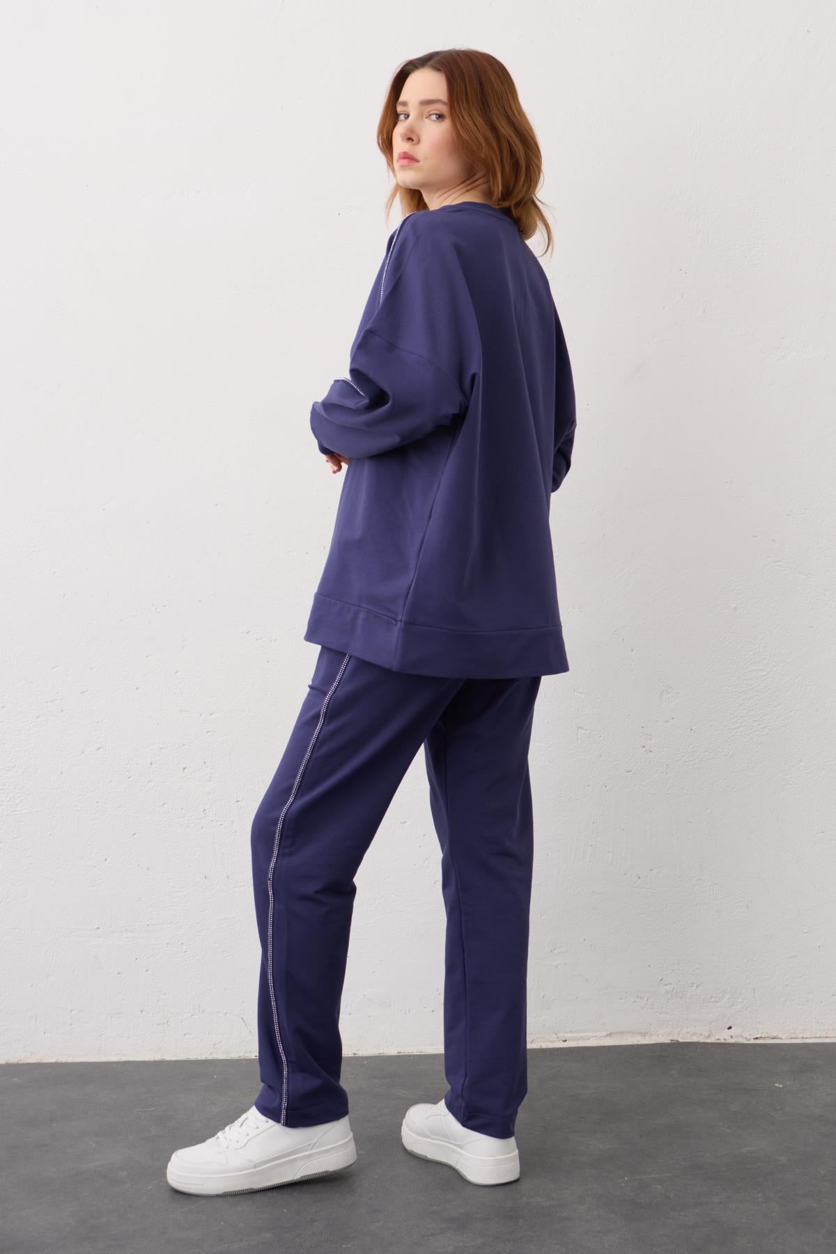 LACİVERT Yan Taşlı Şerit Detaylı Arabiyeli Pamuklu Örme Alt Üst Takım